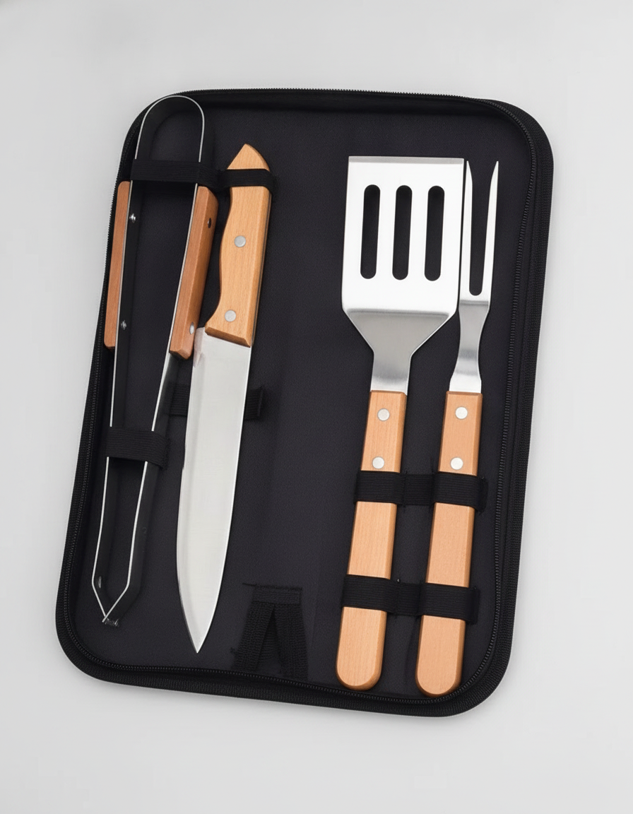 Set Parrillero 4 Piezas Acero Inox Mango Madera + Estuche-6