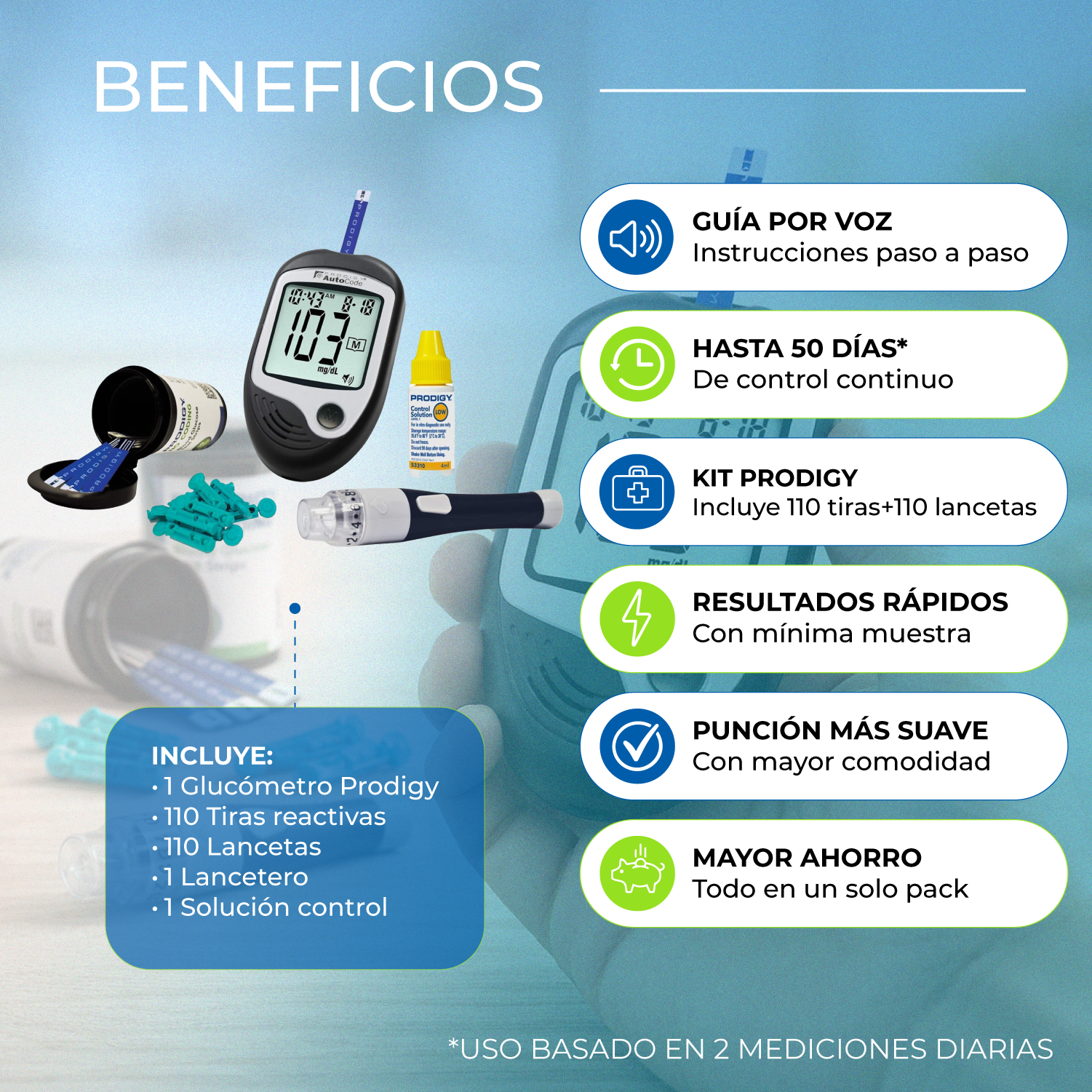 Glucometro Prodigy con Voz + 100 Tiras Reactivas + 100 Lancetas-2
