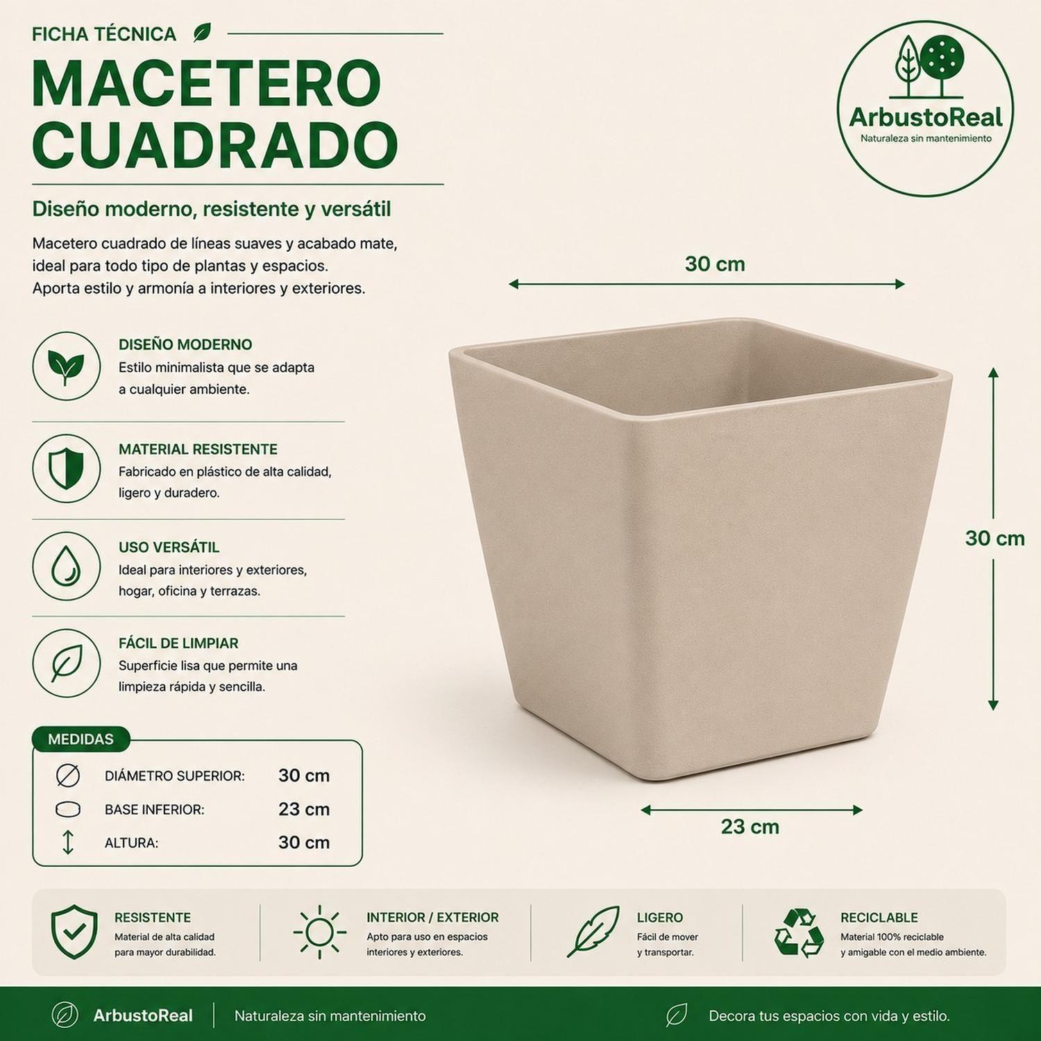 Macetero Cuadrado Beige 30x30 cm Plastico Resistente-2