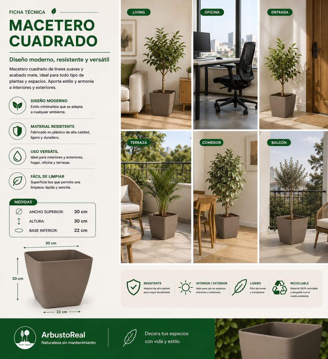 Macetero Cuadrado Gris 30x30 cm Plastico Resistente-2
