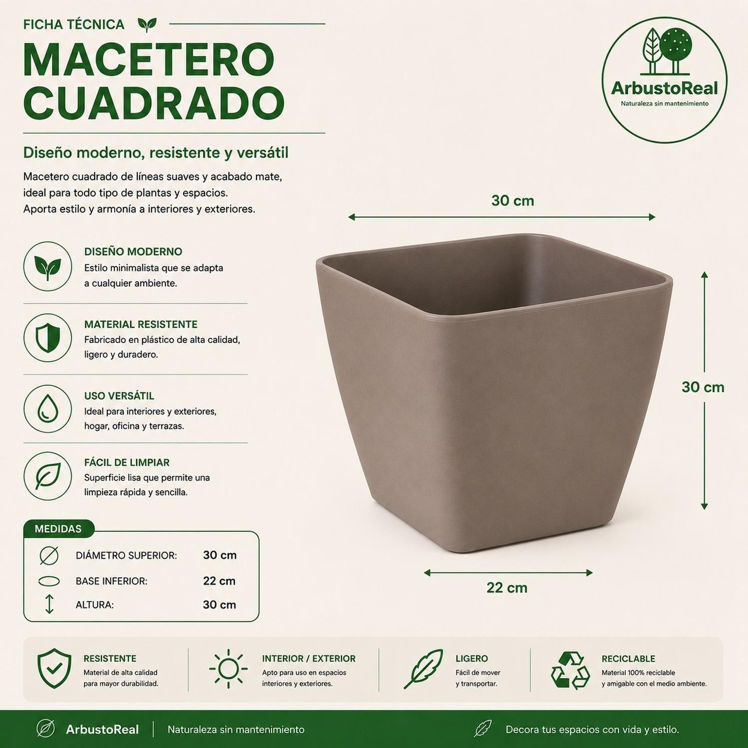 Macetero Cuadrado Gris 30x30 cm Plastico Resistente-3