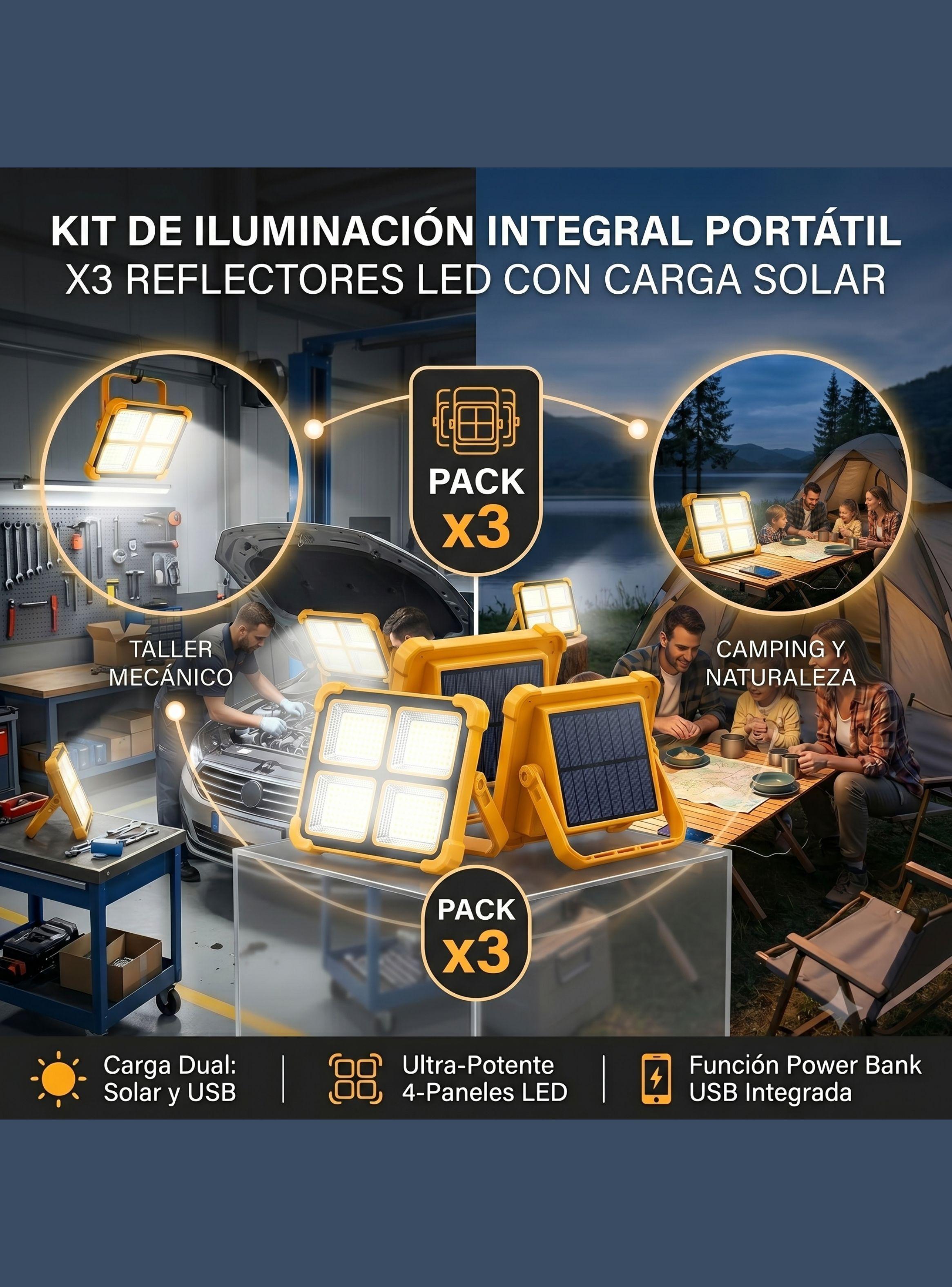 Pack3 Focos Solar LED Alta Potencia Recargable USB Camping-2