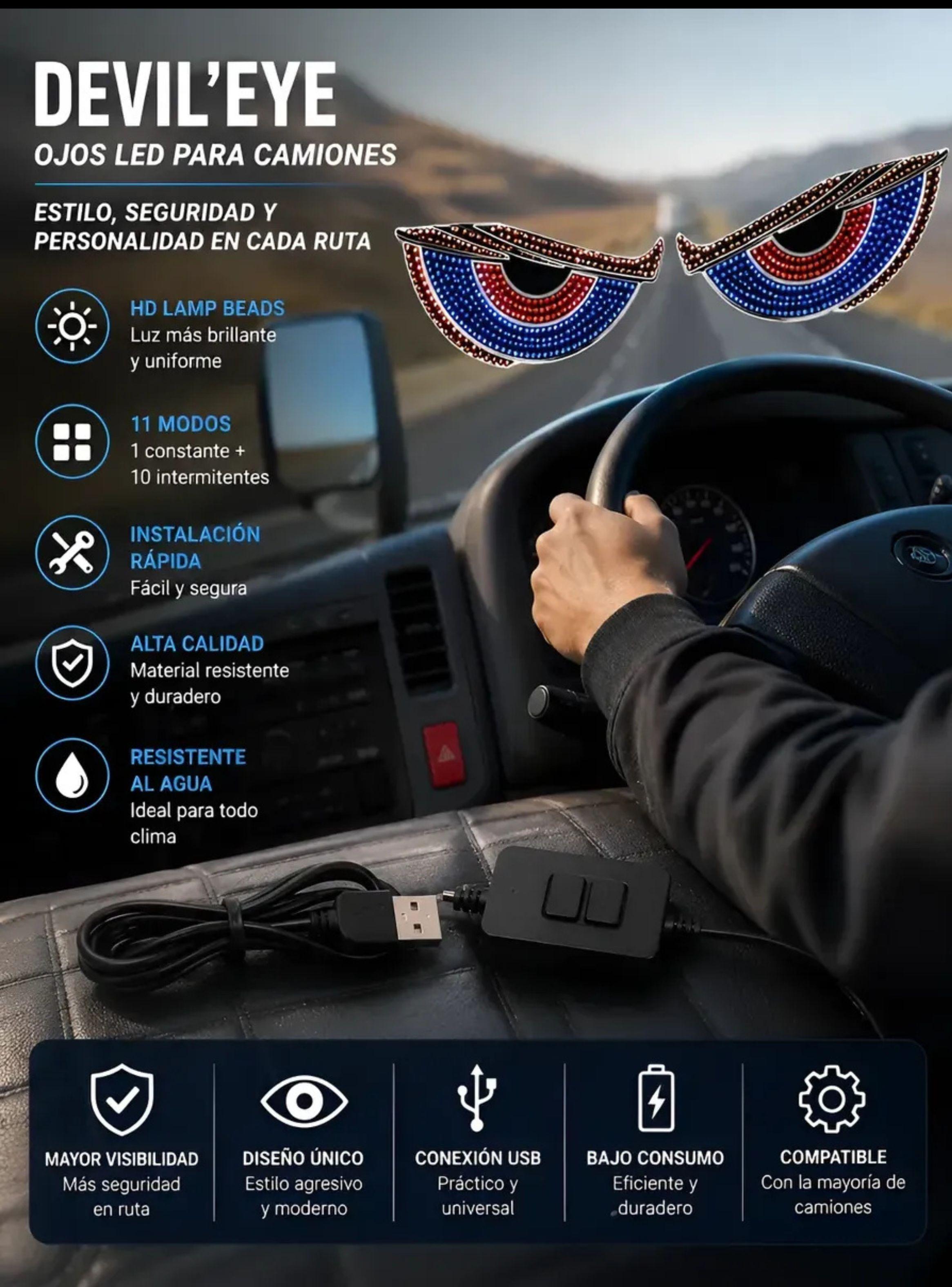 Panel Luz LED Ojos de Diablo Parabrisas Vehiculos USB 11 Modos-3