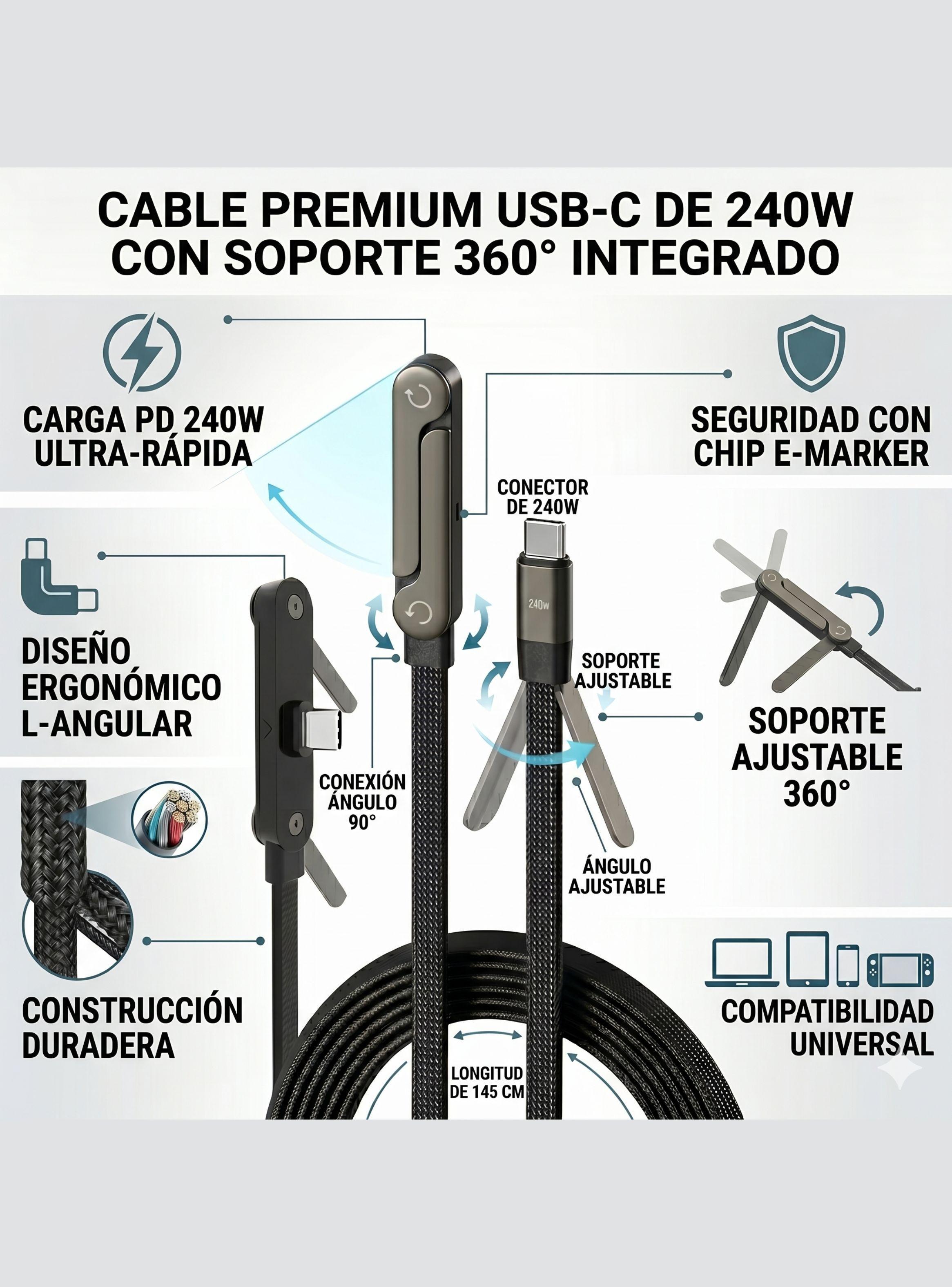 Cable cargador C a C 240W Gamer Soporte Plegable 1 5m-3