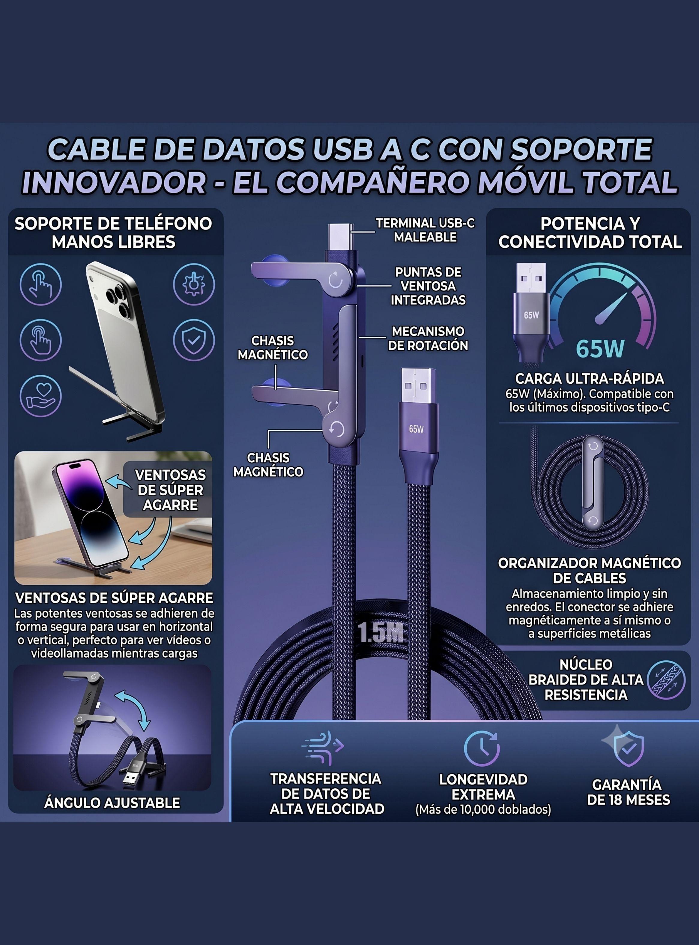 Cable Cargador USB A Tipo C 65W Soporte Plegable 1 5m-4