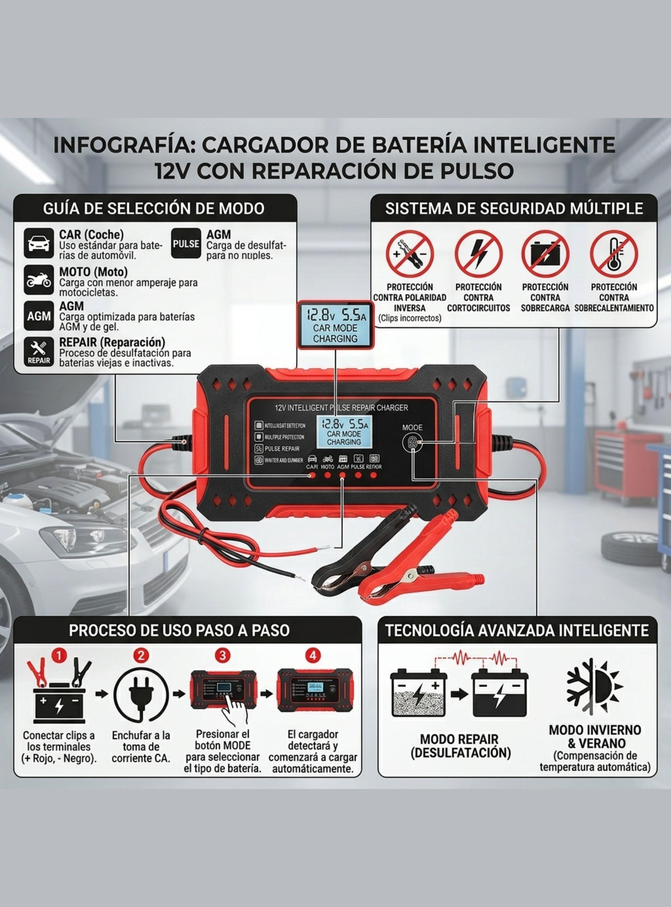 Cargador y Mantenedor de Bater a Inteligente 12V 6A con Pantalla LCD-4