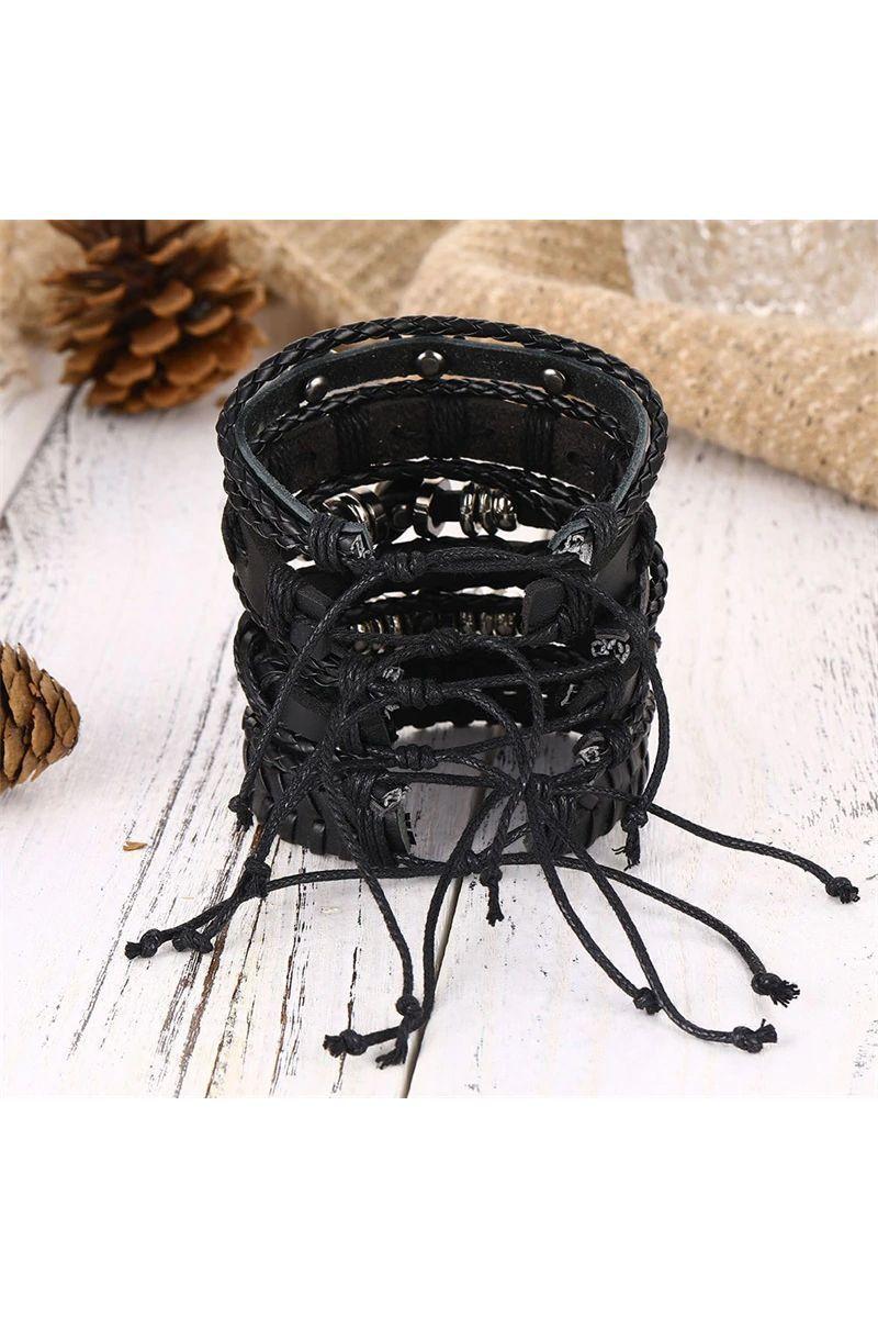 Pulsera Cuero Unisex Negra. Modelo Calaveras y Estrella-3