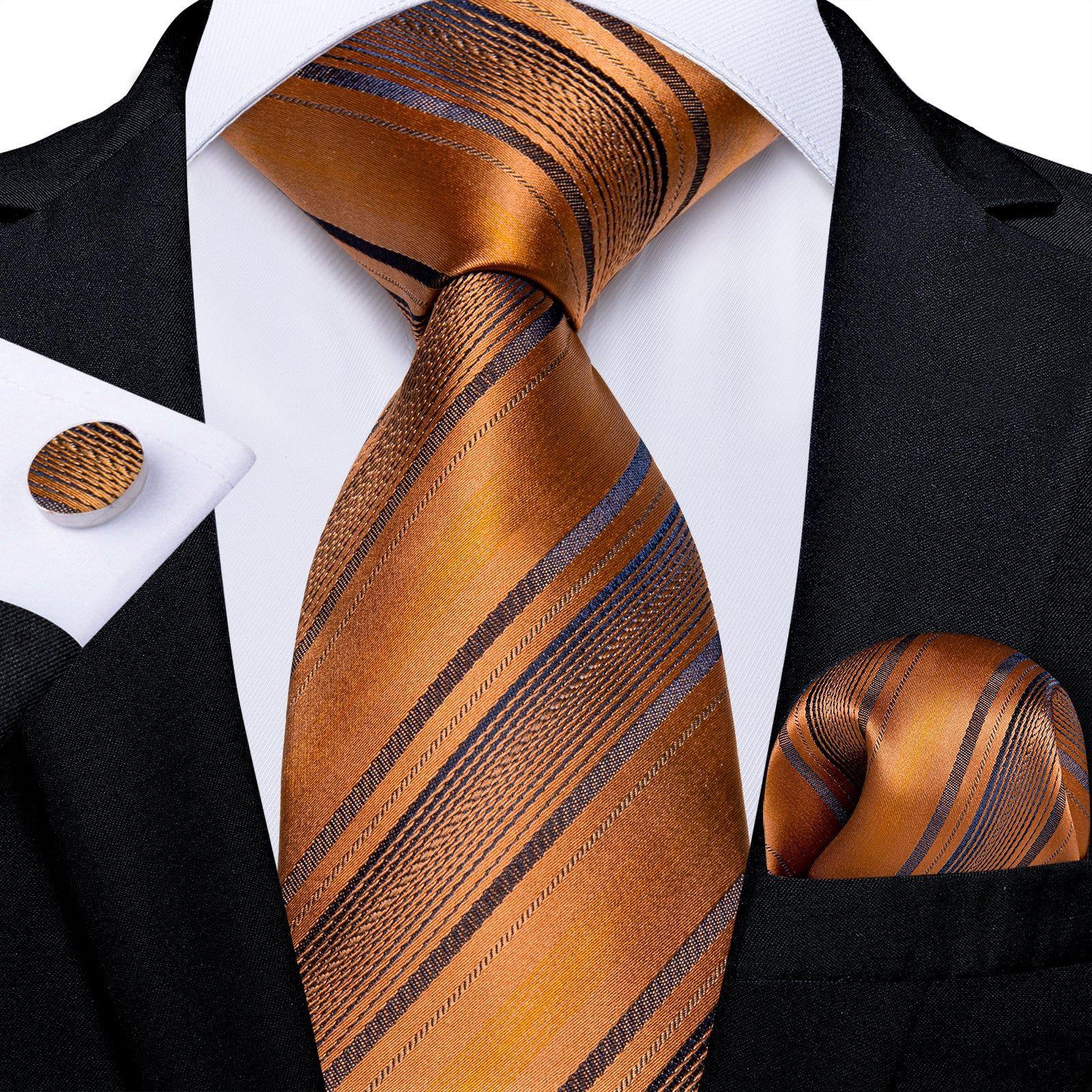 Corbata Naranja Hombre + Paño + Collera. Modelo Naranjo Lineas Negras-1