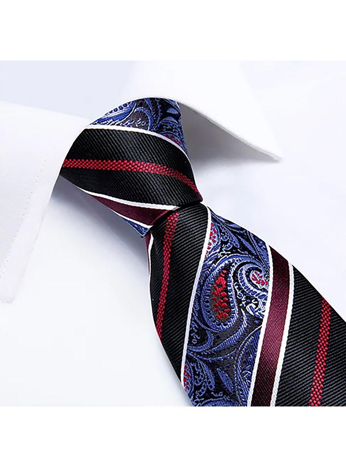 Corbata Hombre Seda, paño y colleras. Modelo Celeste Rojo y Negro. Flores y Lineas-2