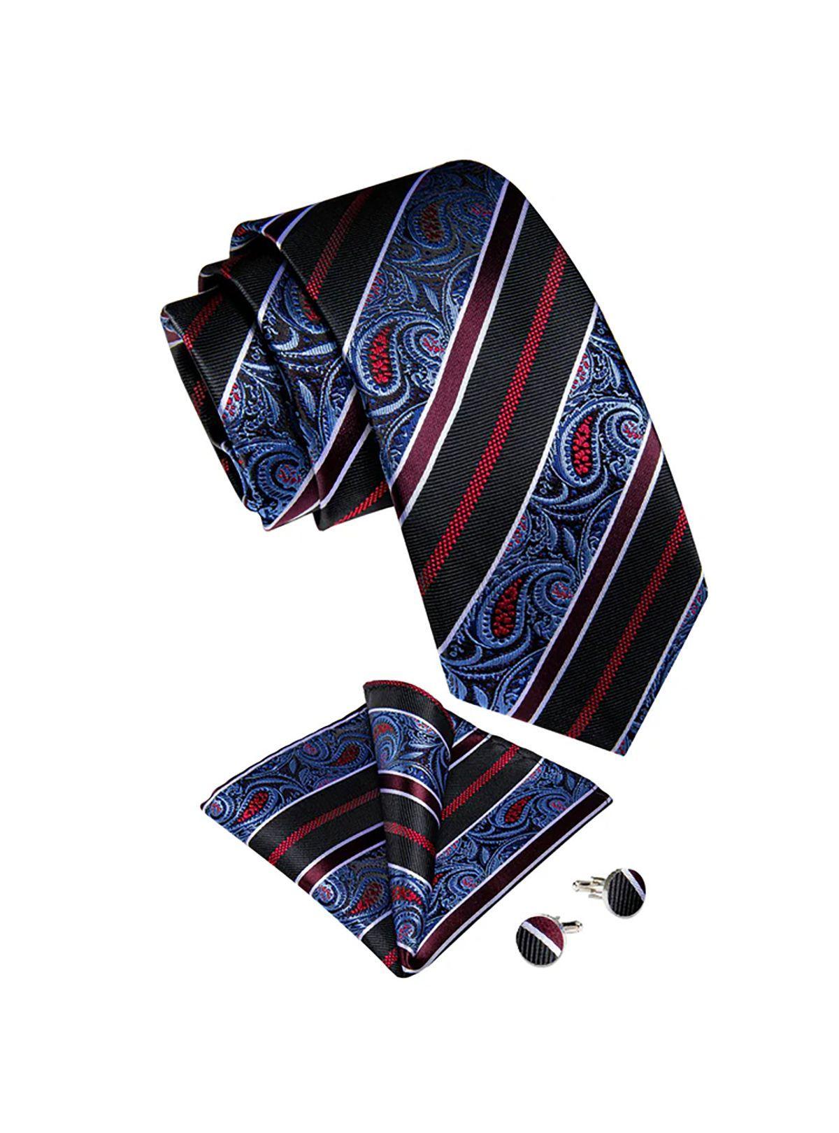 Corbata Hombre Seda, paño y colleras. Modelo Celeste Rojo y Negro. Flores y Lineas-3