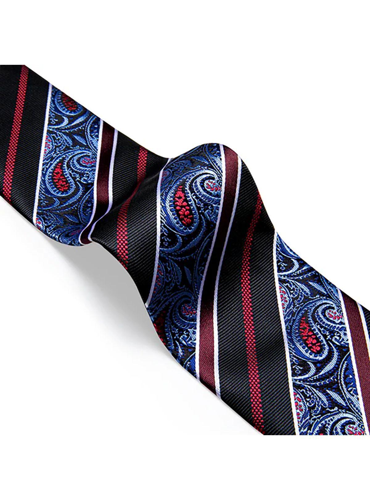 Corbata Hombre Seda, paño y colleras. Modelo Celeste Rojo y Negro. Flores y Lineas-4