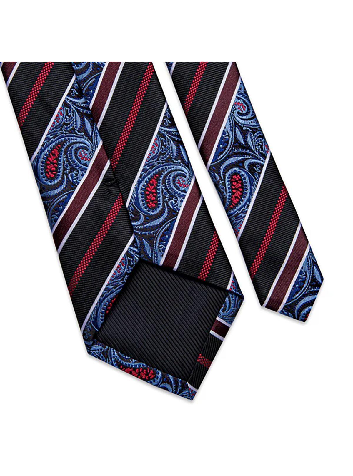 Corbata Hombre Seda, paño y colleras. Modelo Celeste Rojo y Negro. Flores y Lineas-5