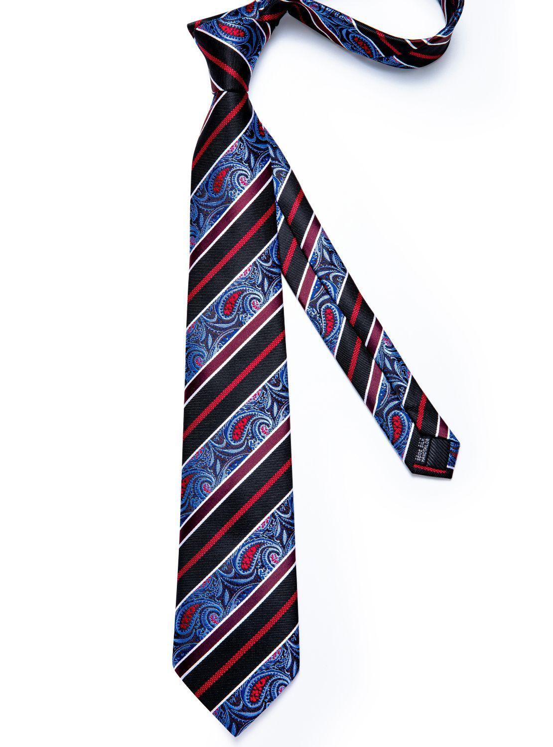 Corbata Hombre Seda, paño y colleras. Modelo Celeste Rojo y Negro. Flores y Lineas-6