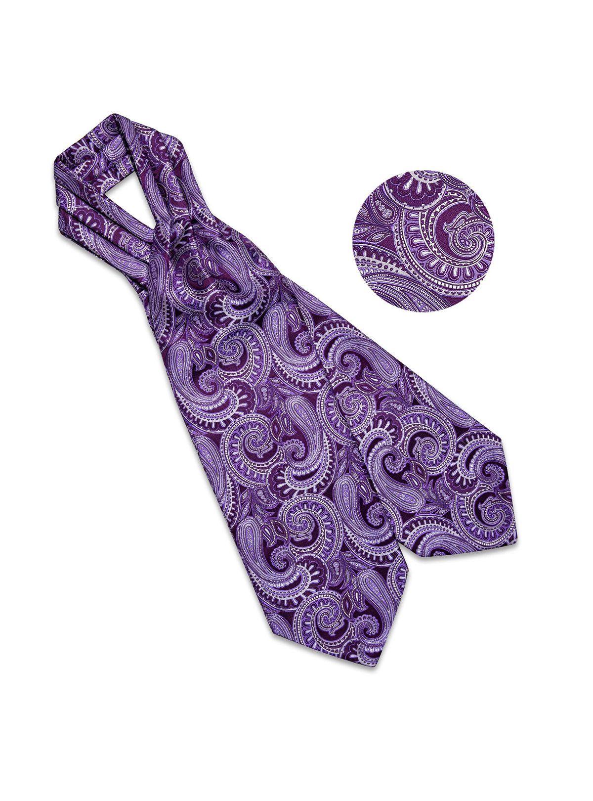 Corbata Gruesa Ascot Cravat + paño + colleras. Morado Flores-2