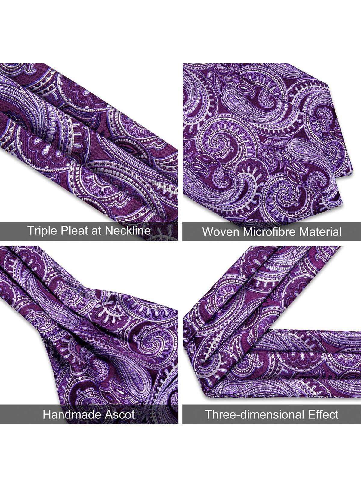 Corbata Gruesa Ascot Cravat + paño + colleras. Morado Flores-3