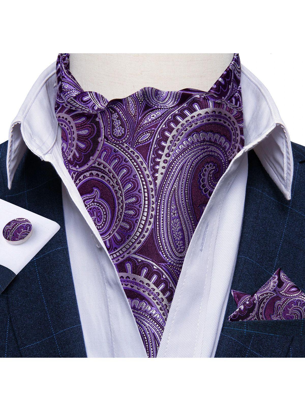 Corbata Gruesa Ascot Cravat + paño + colleras. Morado Flores-4