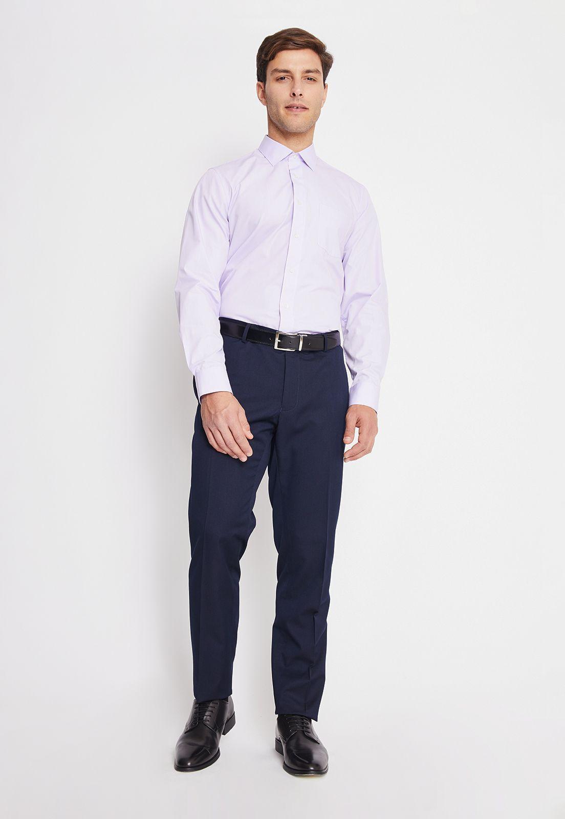 Camisa Lila Hombre Formal Cuello Italiano Bolsillo para Trabajo-3