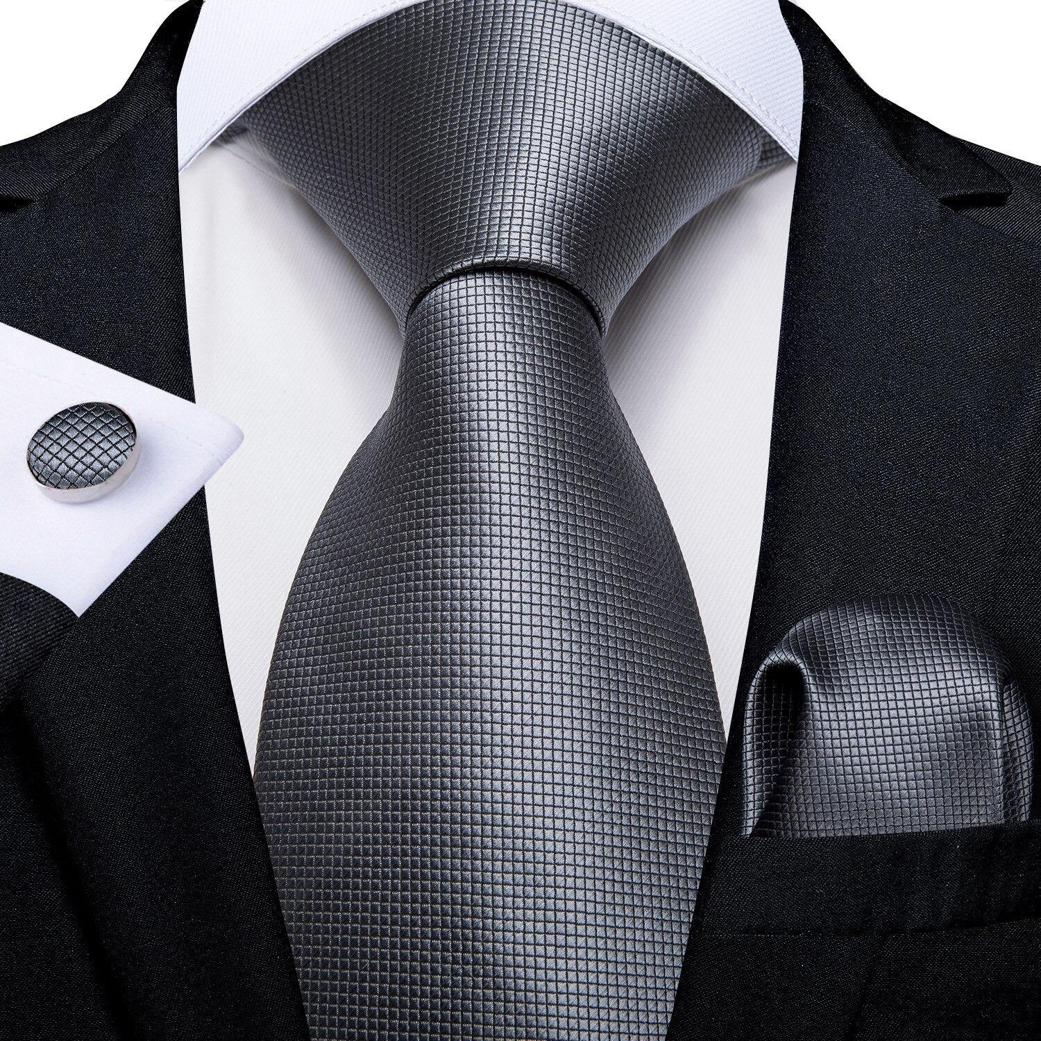 Corbata gris formal seda hombre con paño colleras modelo Gris Classic-1