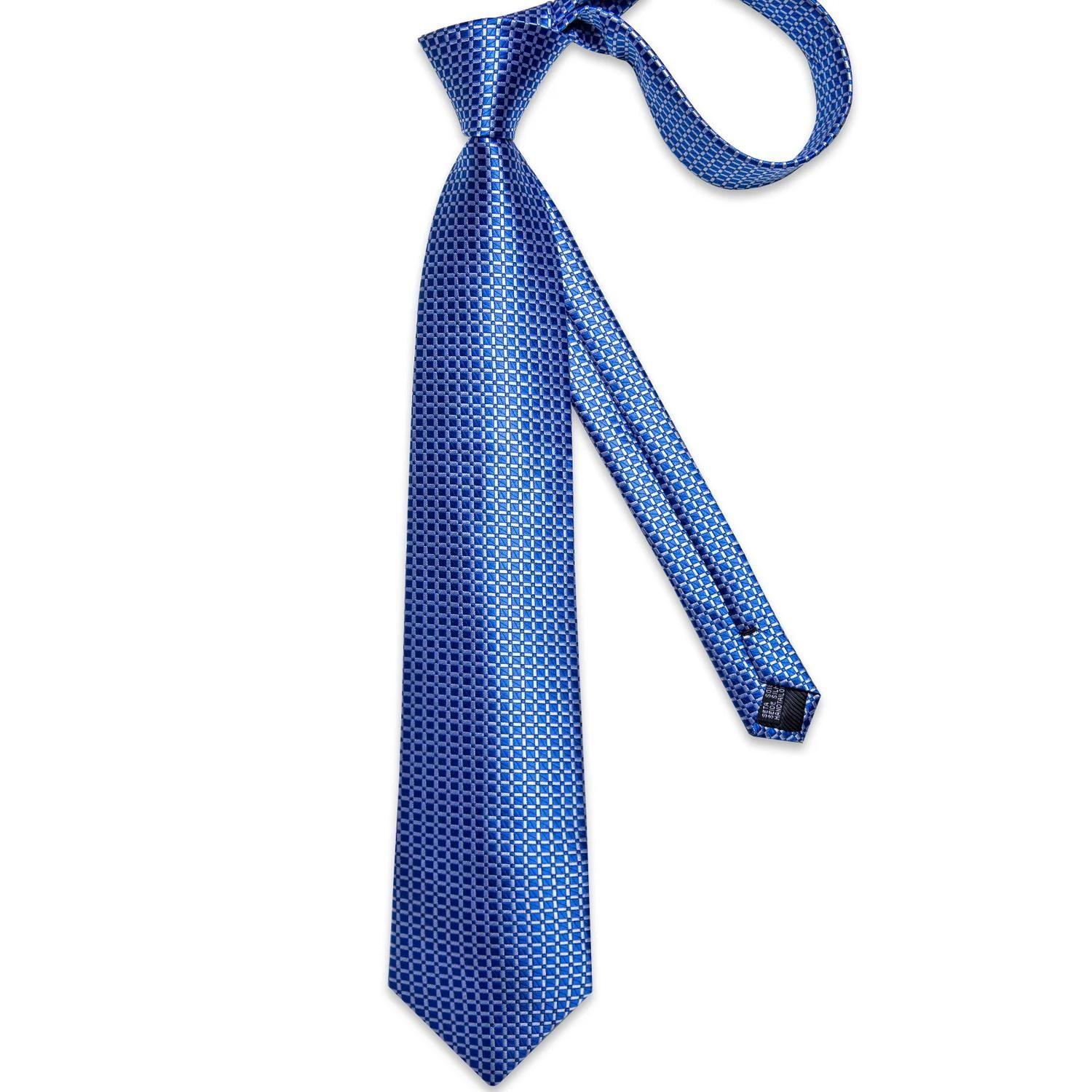 Corbata Seda Hombre con paño y colleras Modelo Celeste Oscuro Cuadros-4