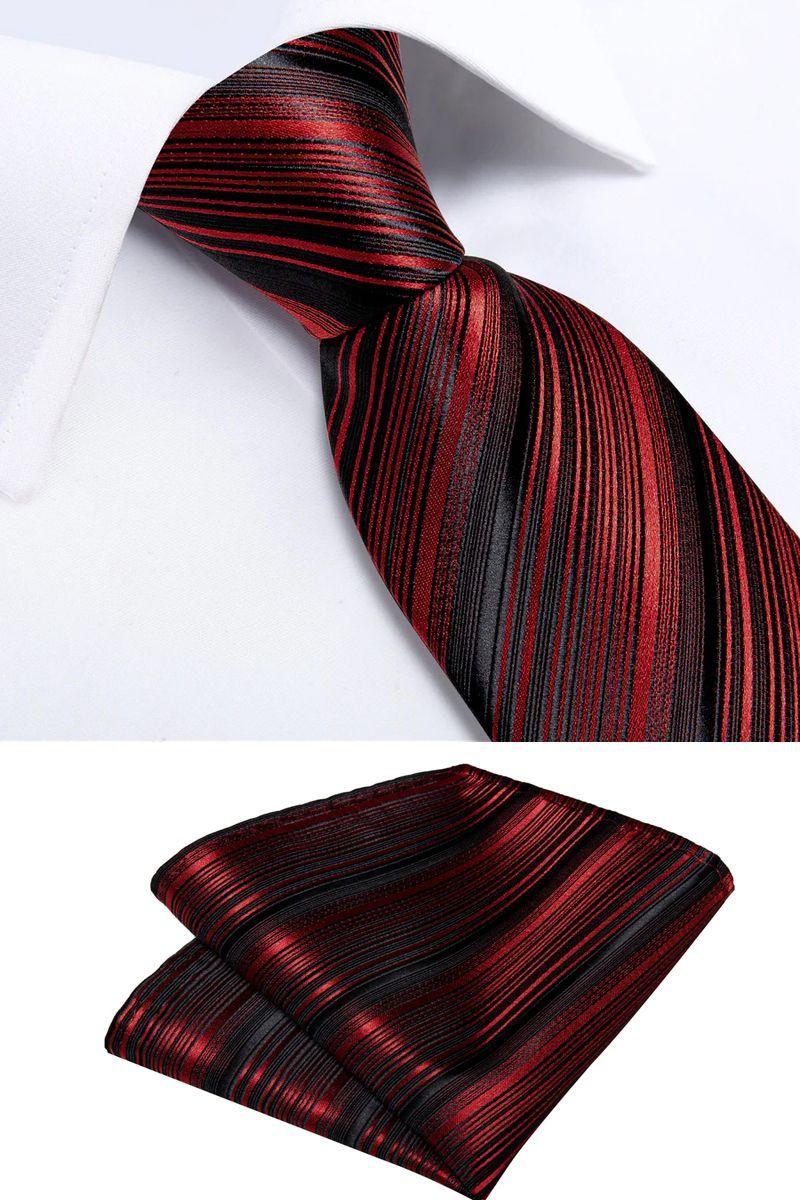 Corbata Hombre Seda + Paño + Colleras formal. Modelo Rojo Negro-3