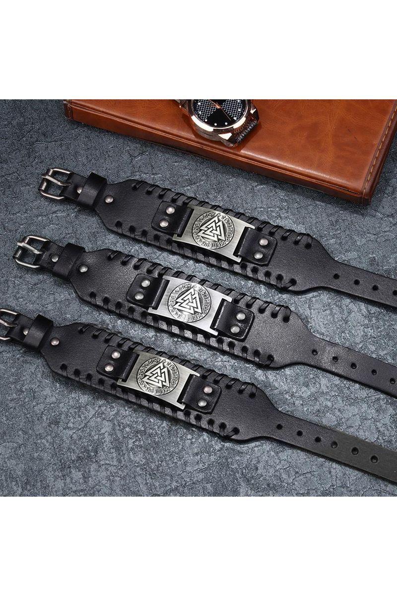 Pulsera cuero ajustable. Modelo Valknut Vikingo Negro-3