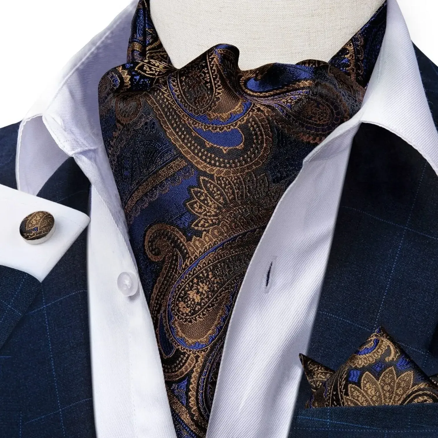 Set Corbata Gruesa Azul Oscuro Ascot, Paño Y Colleras. Azul Otoño.-0