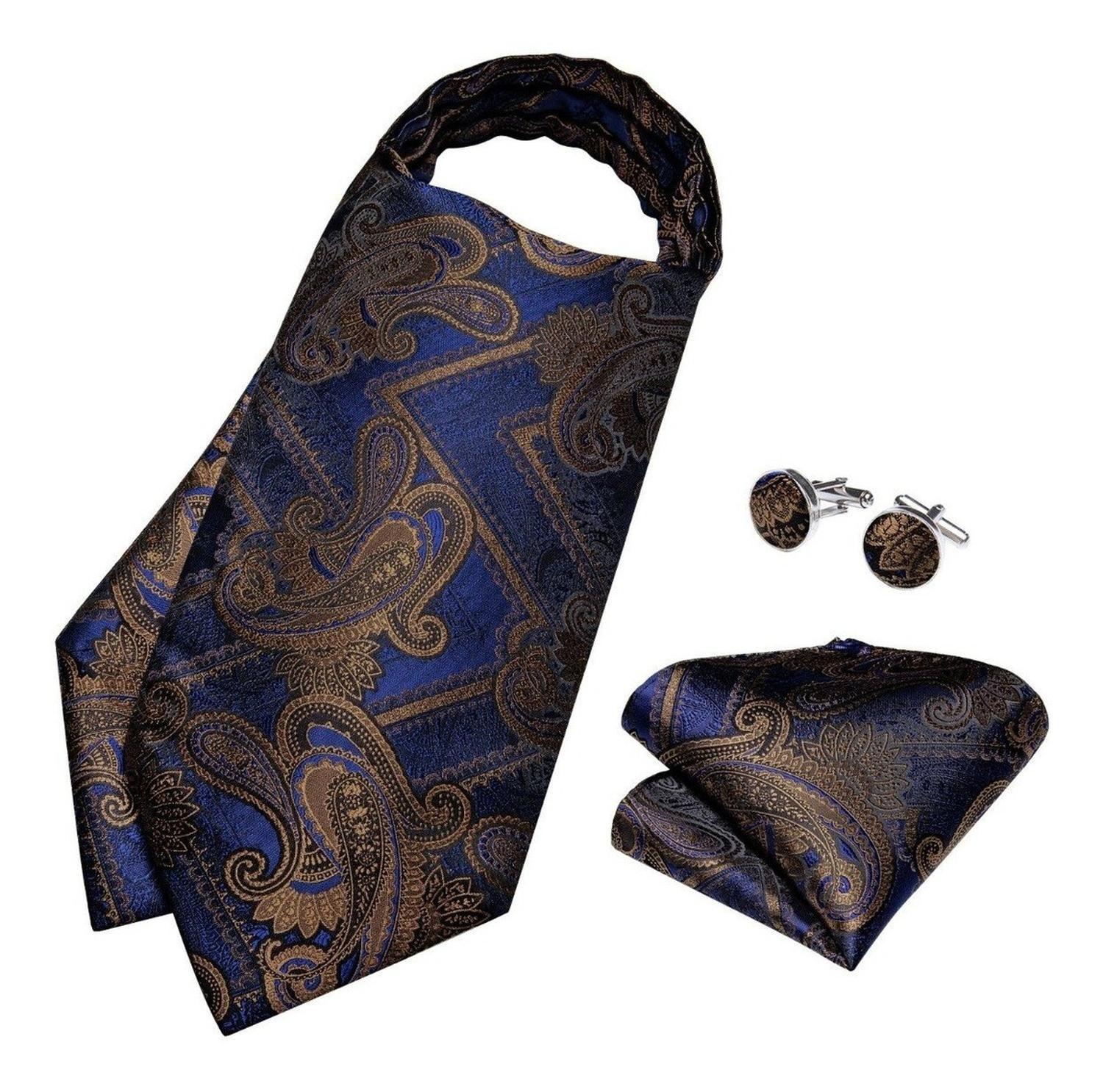 Set Corbata Gruesa Azul Oscuro Ascot, Paño Y Colleras. Azul Otoño.-2