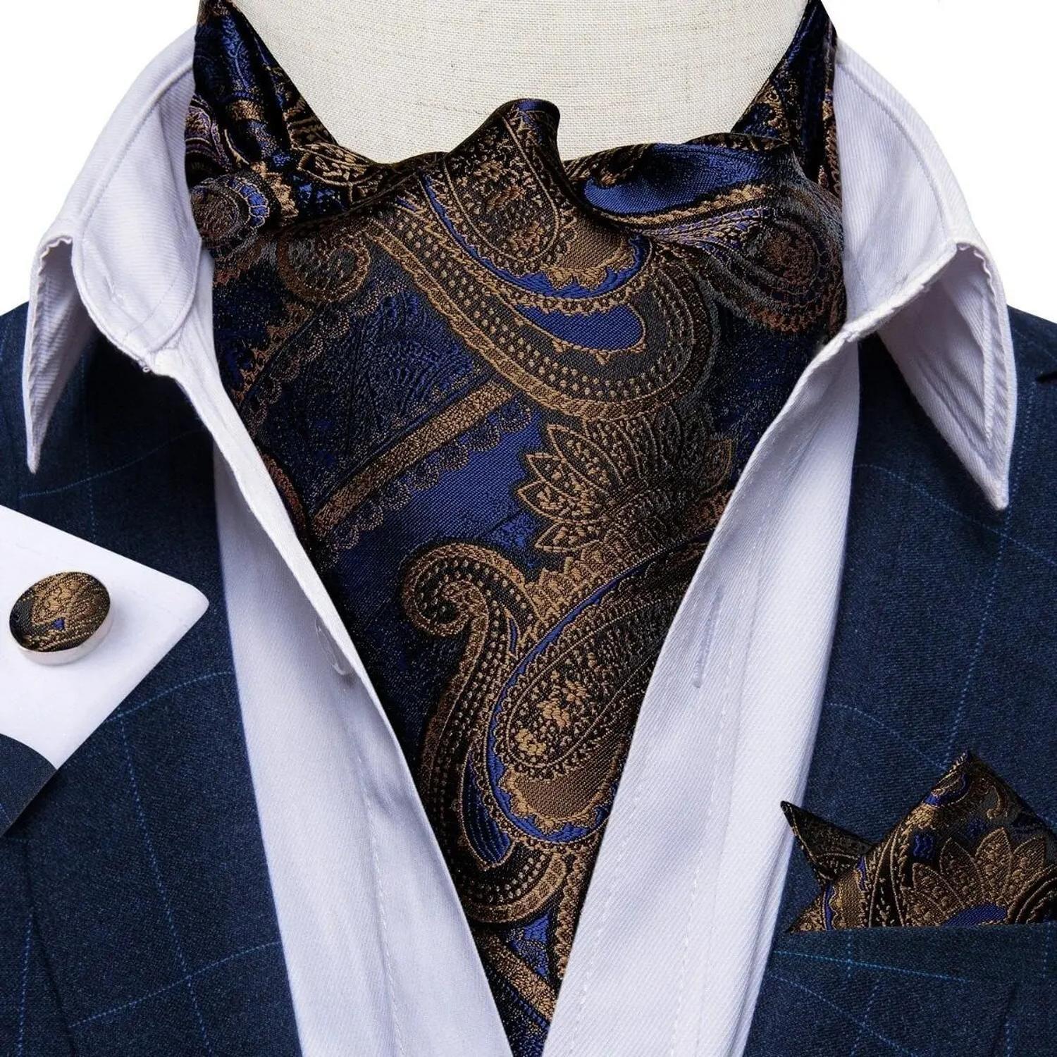 Set Corbata Gruesa Azul Oscuro Ascot, Paño Y Colleras. Azul Otoño.-3