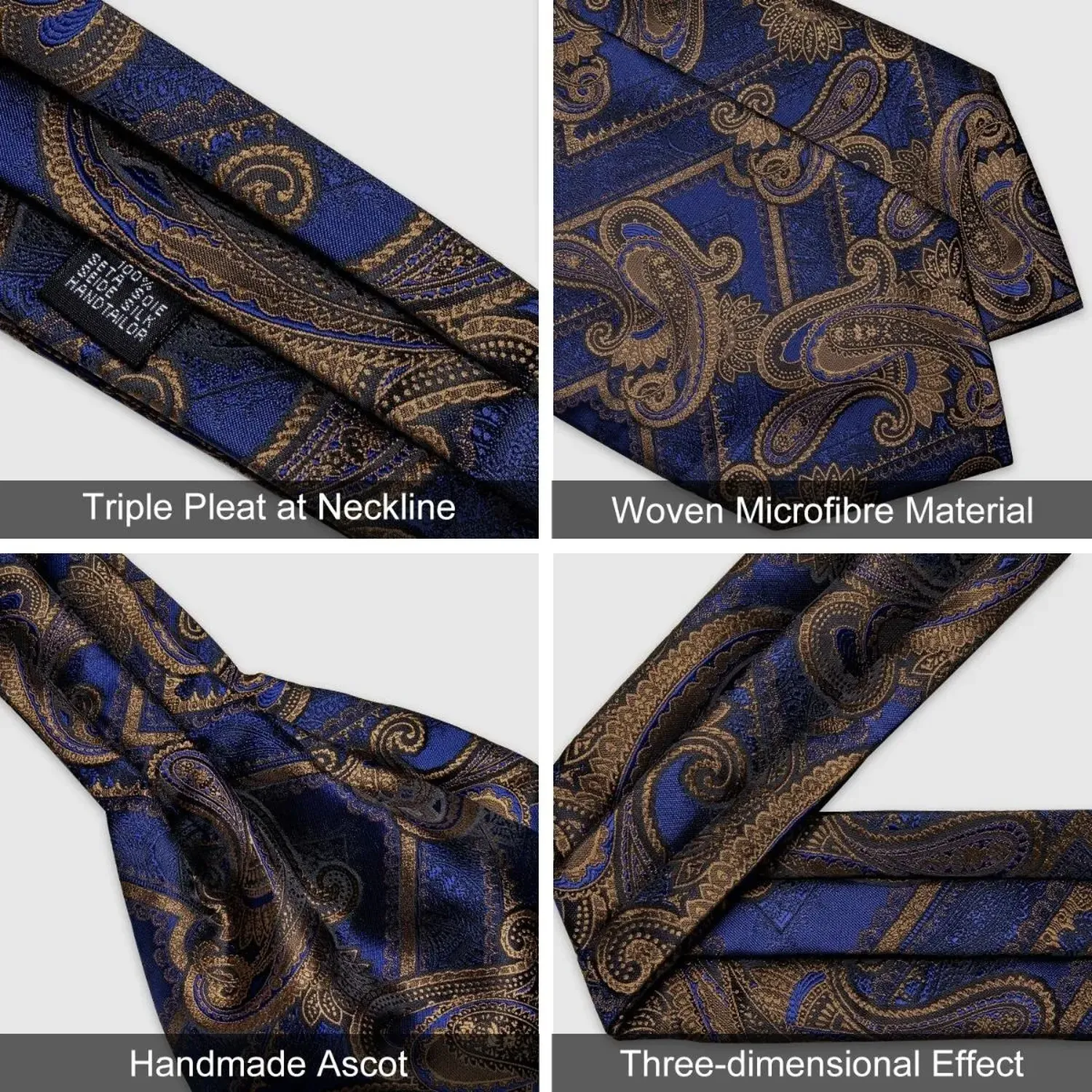 Set Corbata Gruesa Azul Oscuro Ascot, Paño Y Colleras. Azul Otoño.-4
