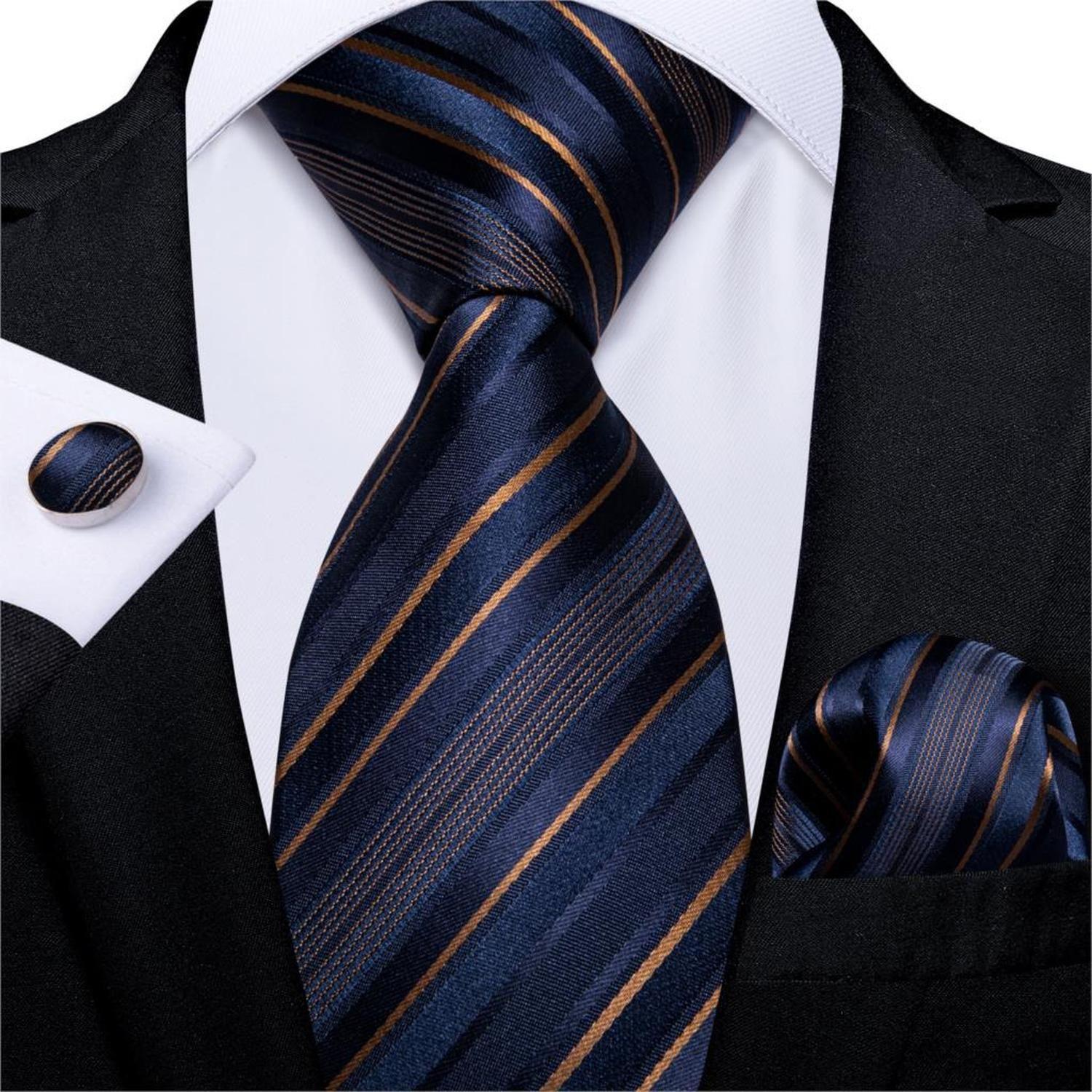 Corbata Azul y dorado seda hombre paño y colleras Modelo Mar Dorado-1