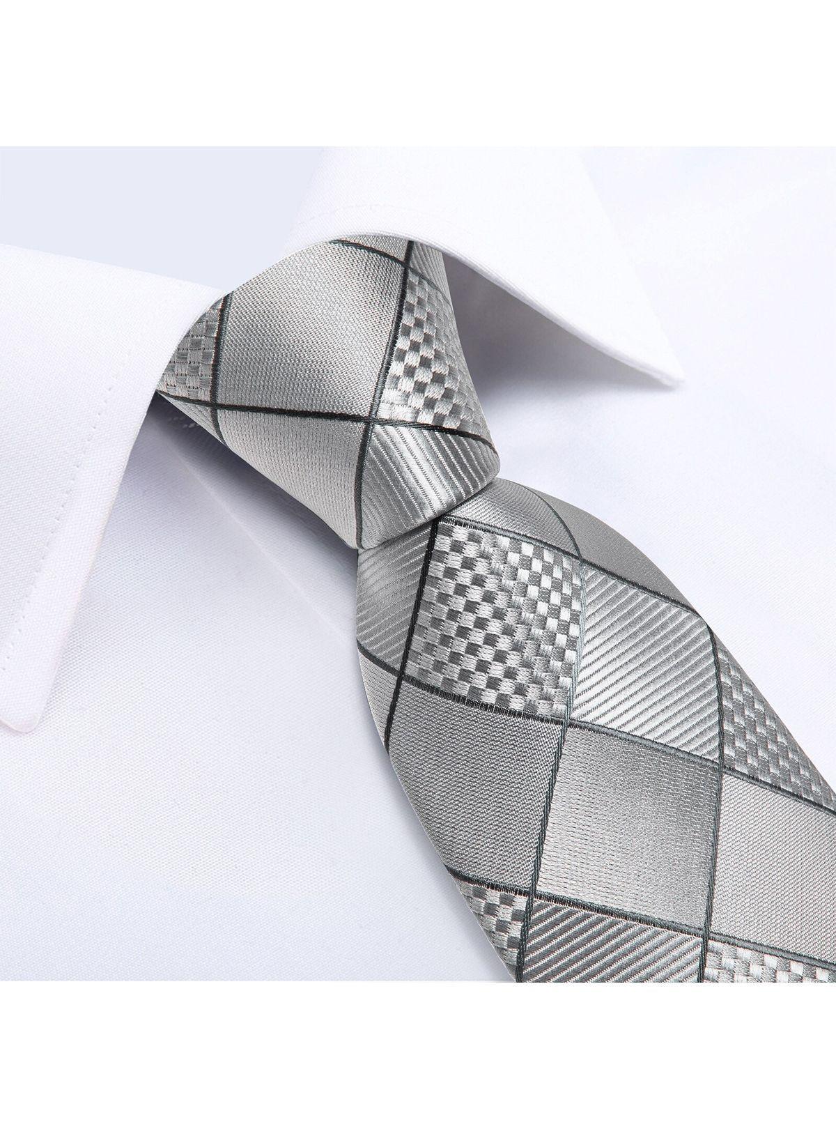 Corbata Hombre Seda + Paño + Colleras formal. Modelo Cuadros Gris y Plateado-2