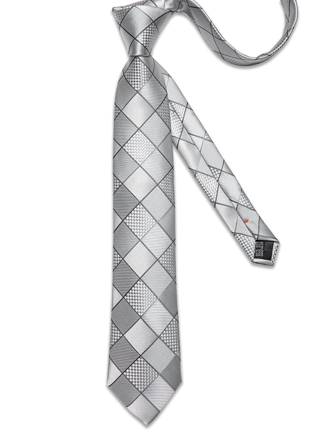 Corbata Hombre Seda + Paño + Colleras formal. Modelo Cuadros Gris y Plateado-3