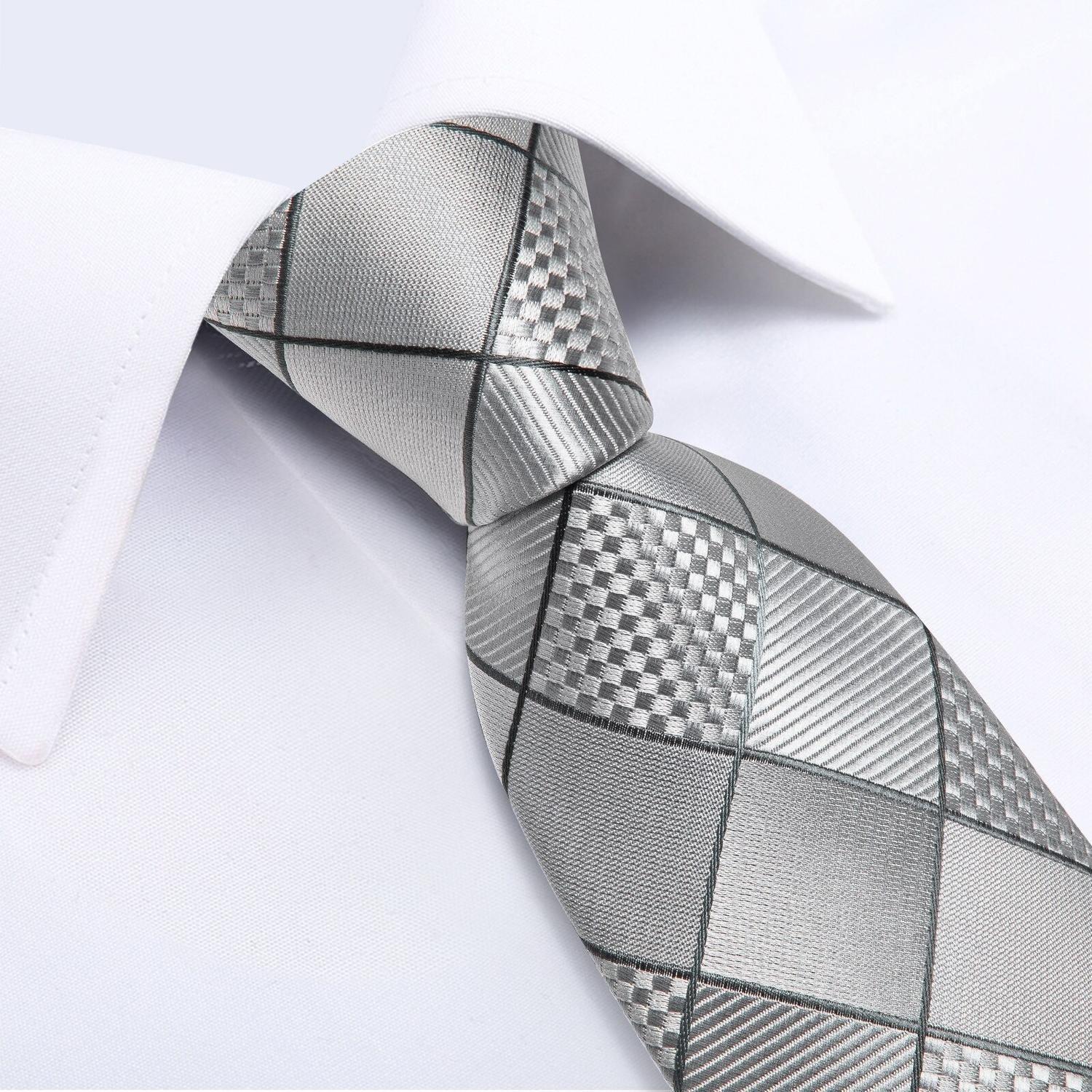 Corbata formal seda hombre con paño y colleras Cuadros gris y plateado-2