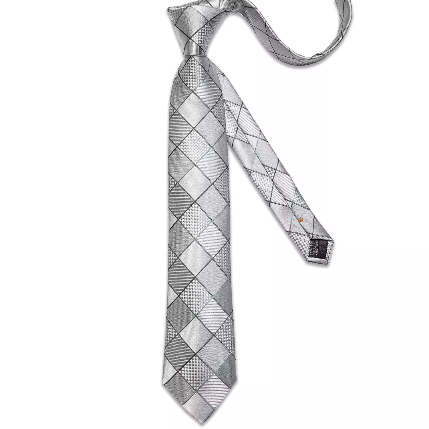 Corbata formal seda hombre con paño y colleras Cuadros gris y plateado-3