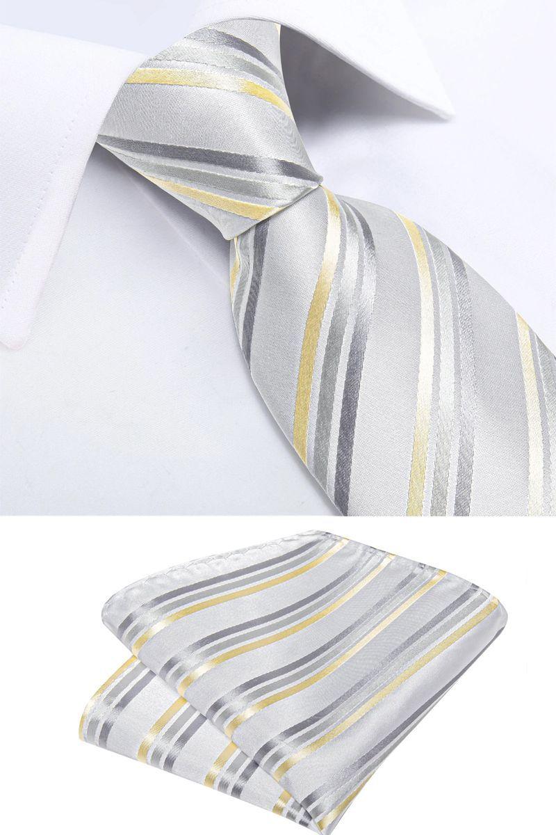 Corbata Hombre Seda + Paño + Colleras formal. Modelo White Golden-3