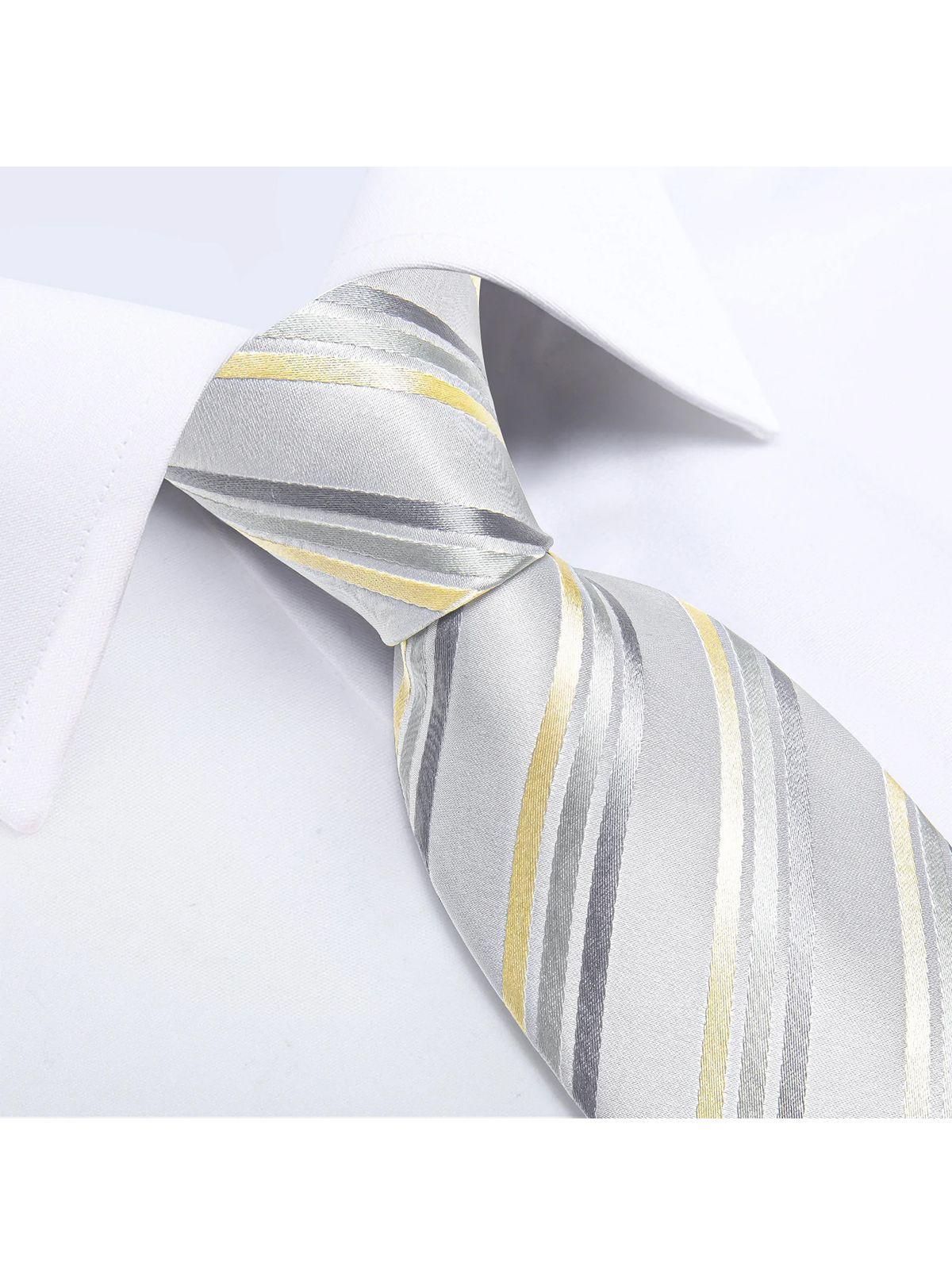 Corbata Hombre Seda + Paño + Colleras formal. Modelo White Golden-2