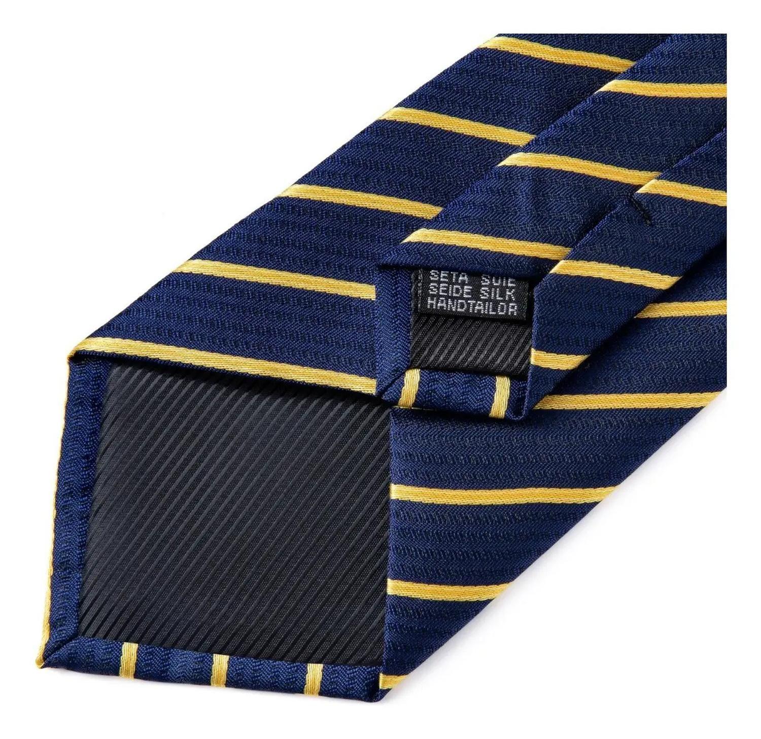 Corbata Seda Hombres, Paño Y Colleras. Modelo Blue Golden Azul Rayas 150 Cm-5