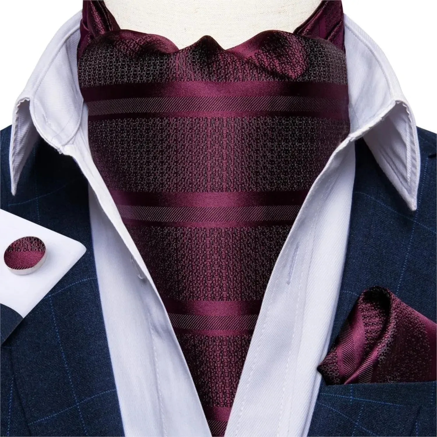 Set Corbata Gruesa Corbaton Ascot, Paño Y Colleras. Uva Negra-3