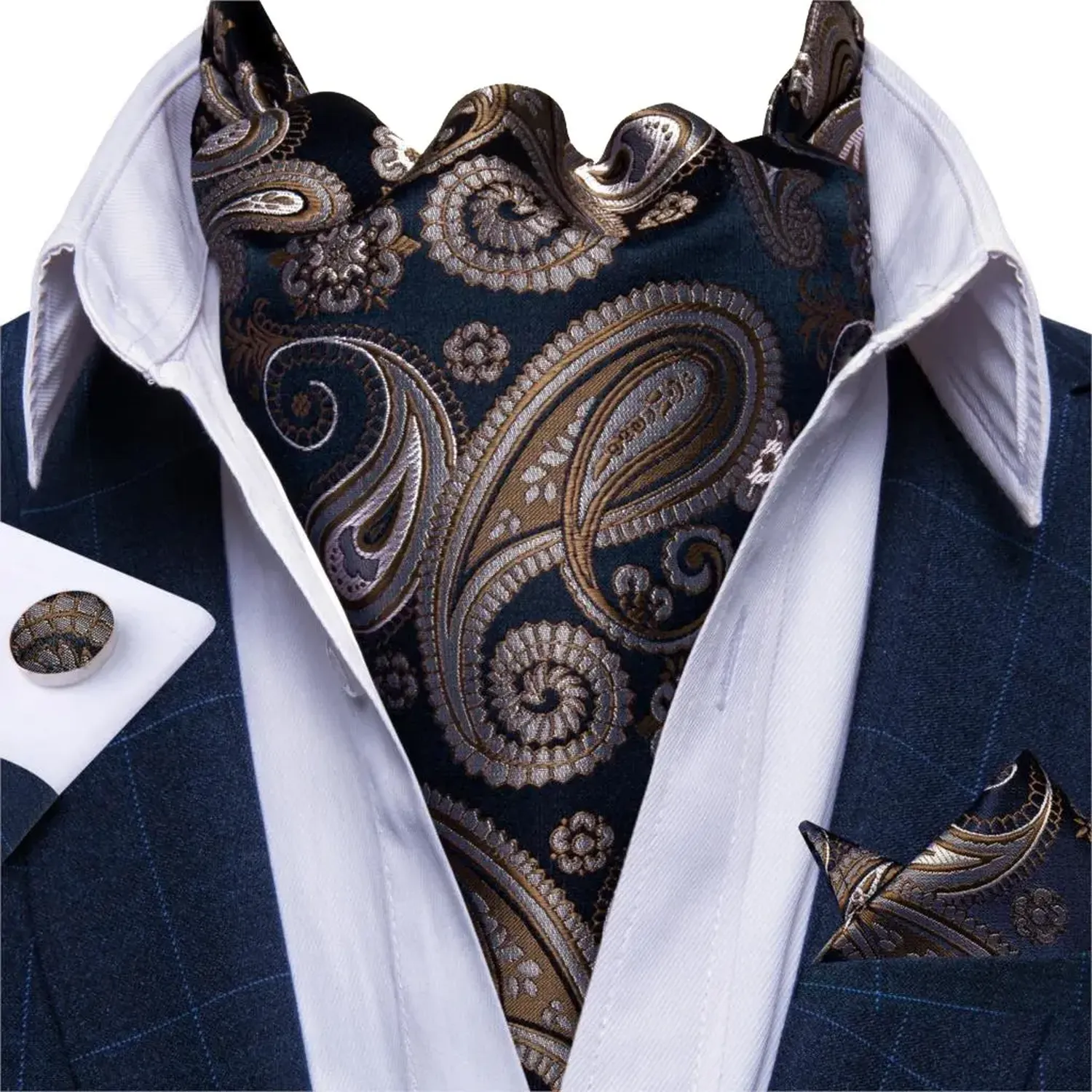 Set Corbata Ascot, Paño Y Colleras. Azul Café. Azul y Café-0