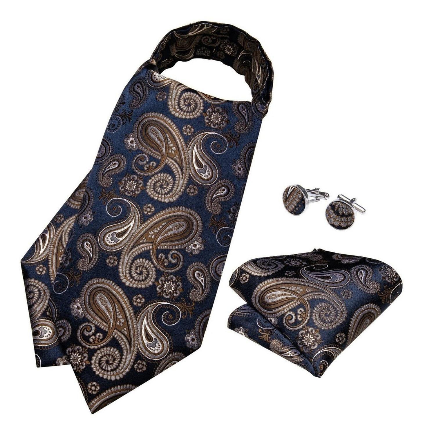 Set Corbata Ascot, Paño Y Colleras. Azul Café. Azul y Café-1