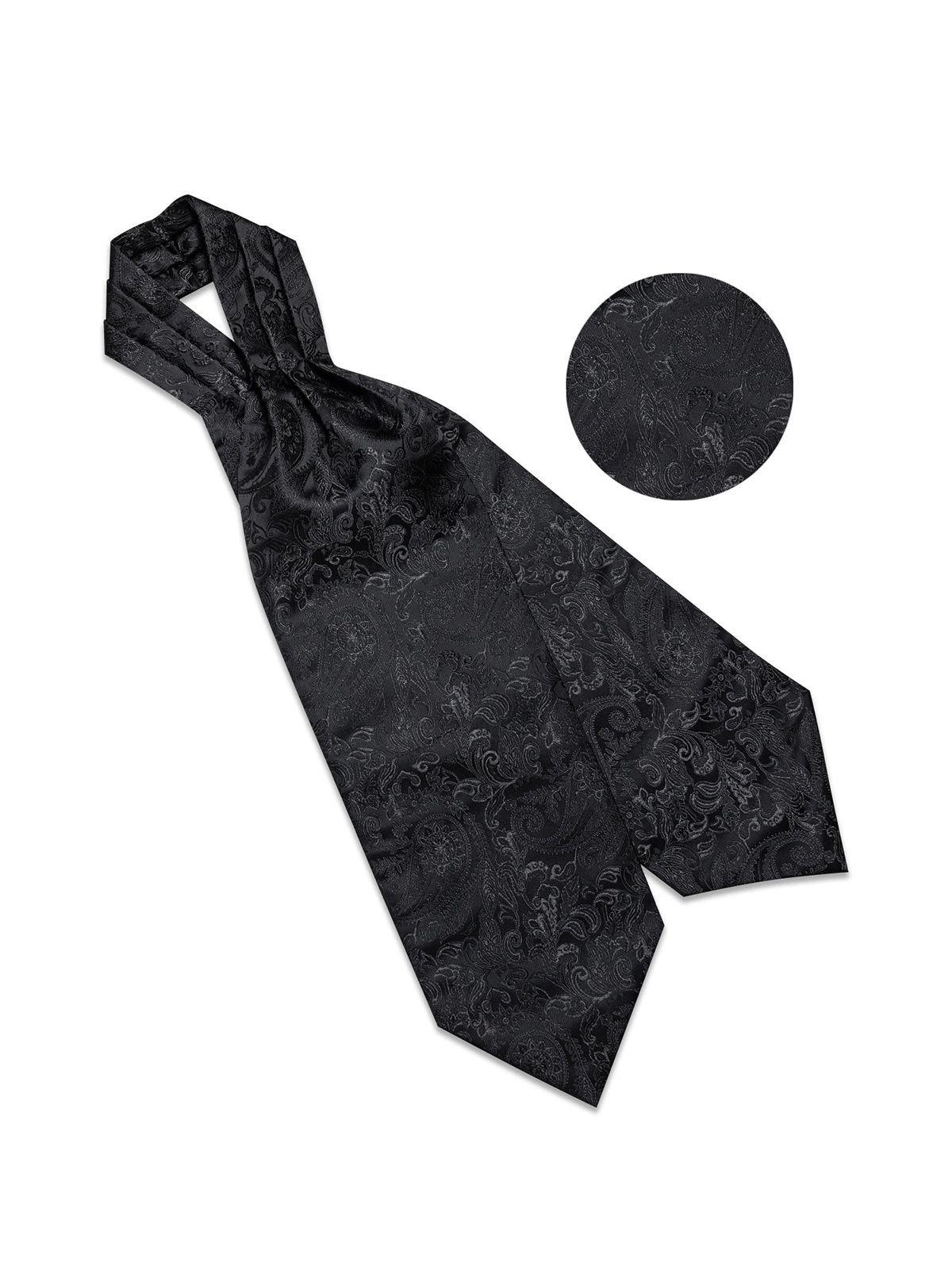 Corbata Gruesa Ascot + Paño + Colleras hombre. Negro Flores-2