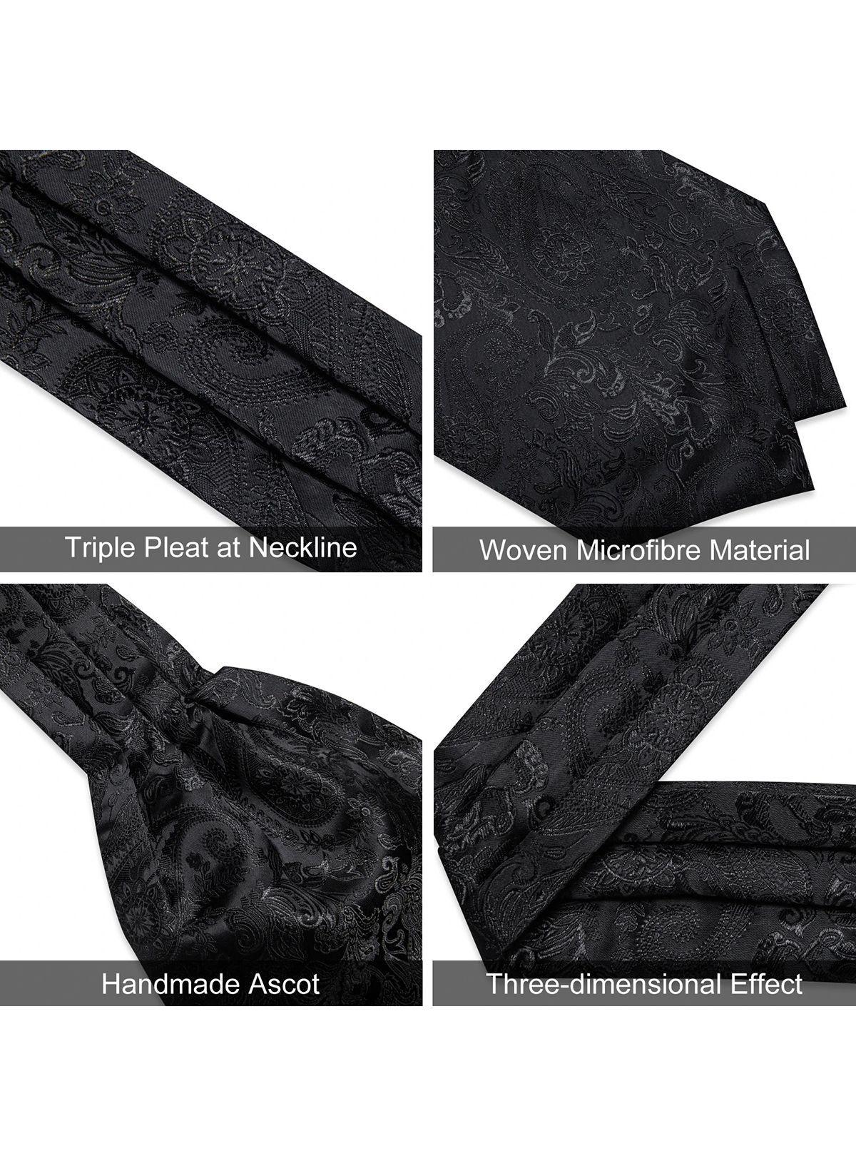 Corbata Gruesa Ascot + Paño + Colleras hombre. Negro Flores-3