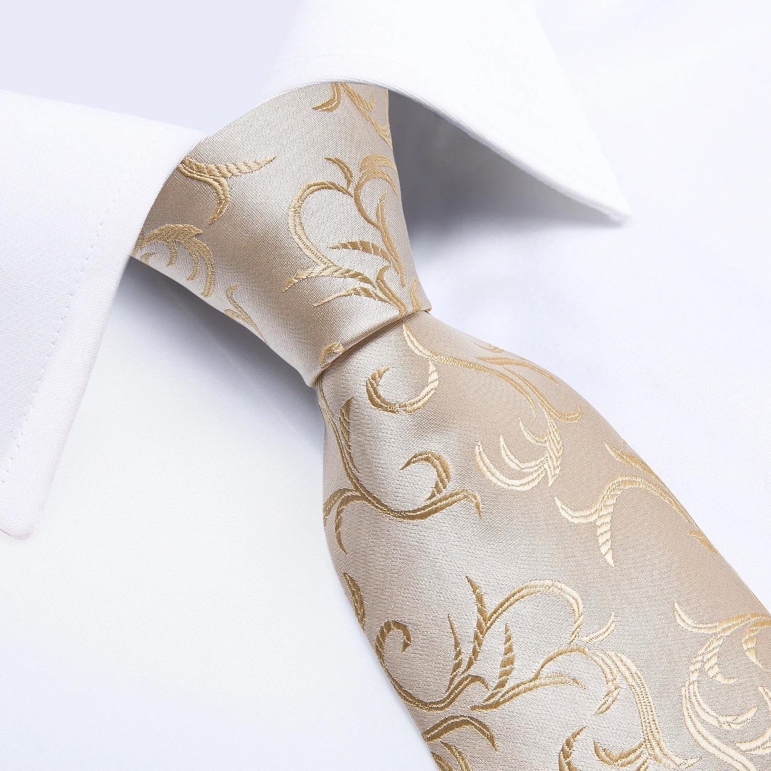 Corbata para hombre seda con pañuelo y colleras Champagne White Golden-2