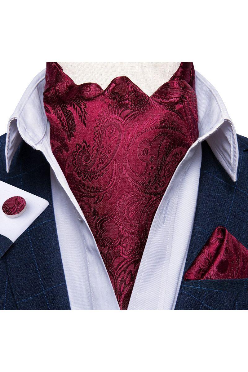 Set Corbata Gruesa Ascot + Paño + Collera formal hombre. Vinotinto-2