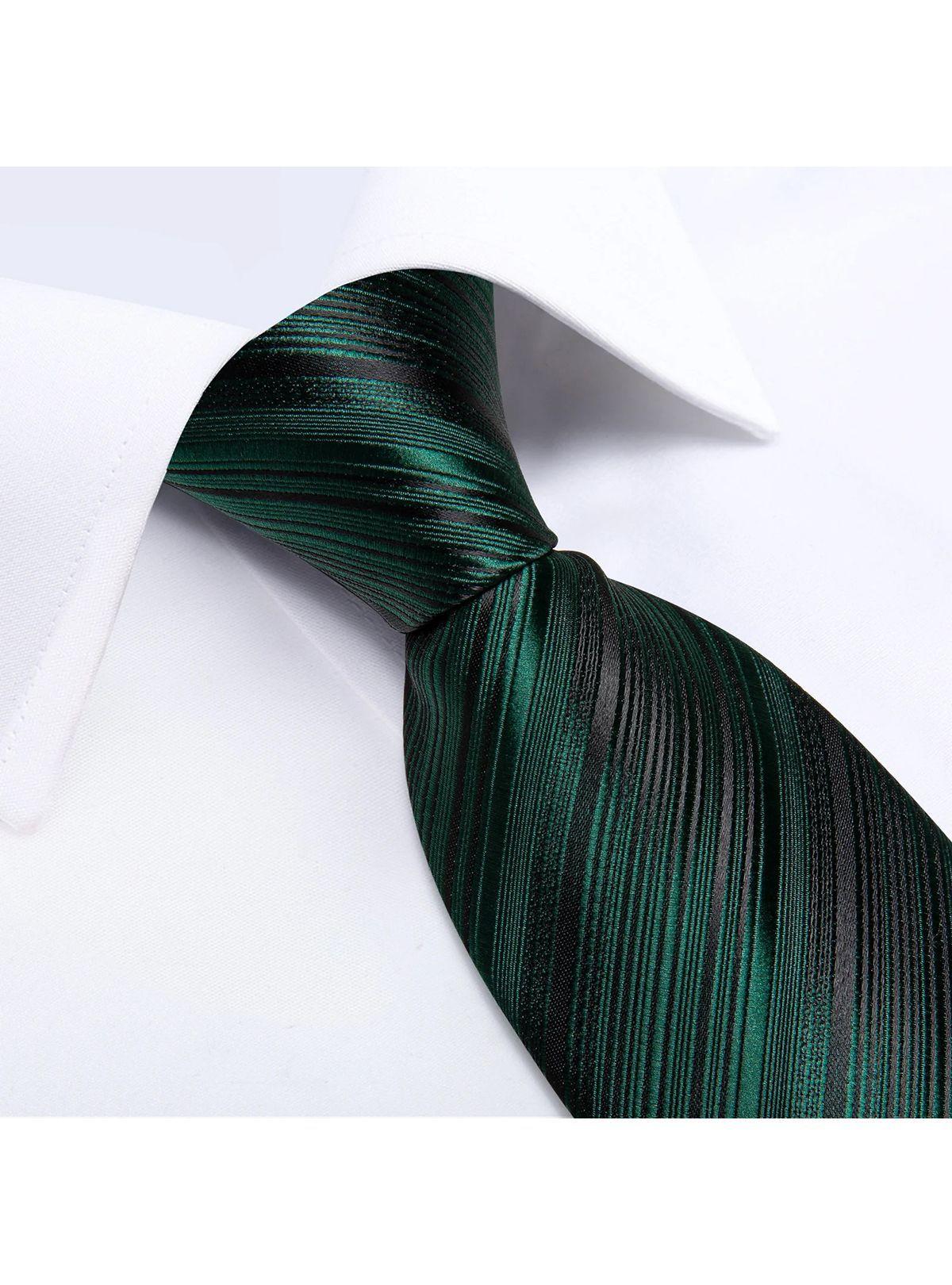 Corbata Hombre Seda + Paño + Colleras formal. Modelo Verde Oscuro Rayas-2