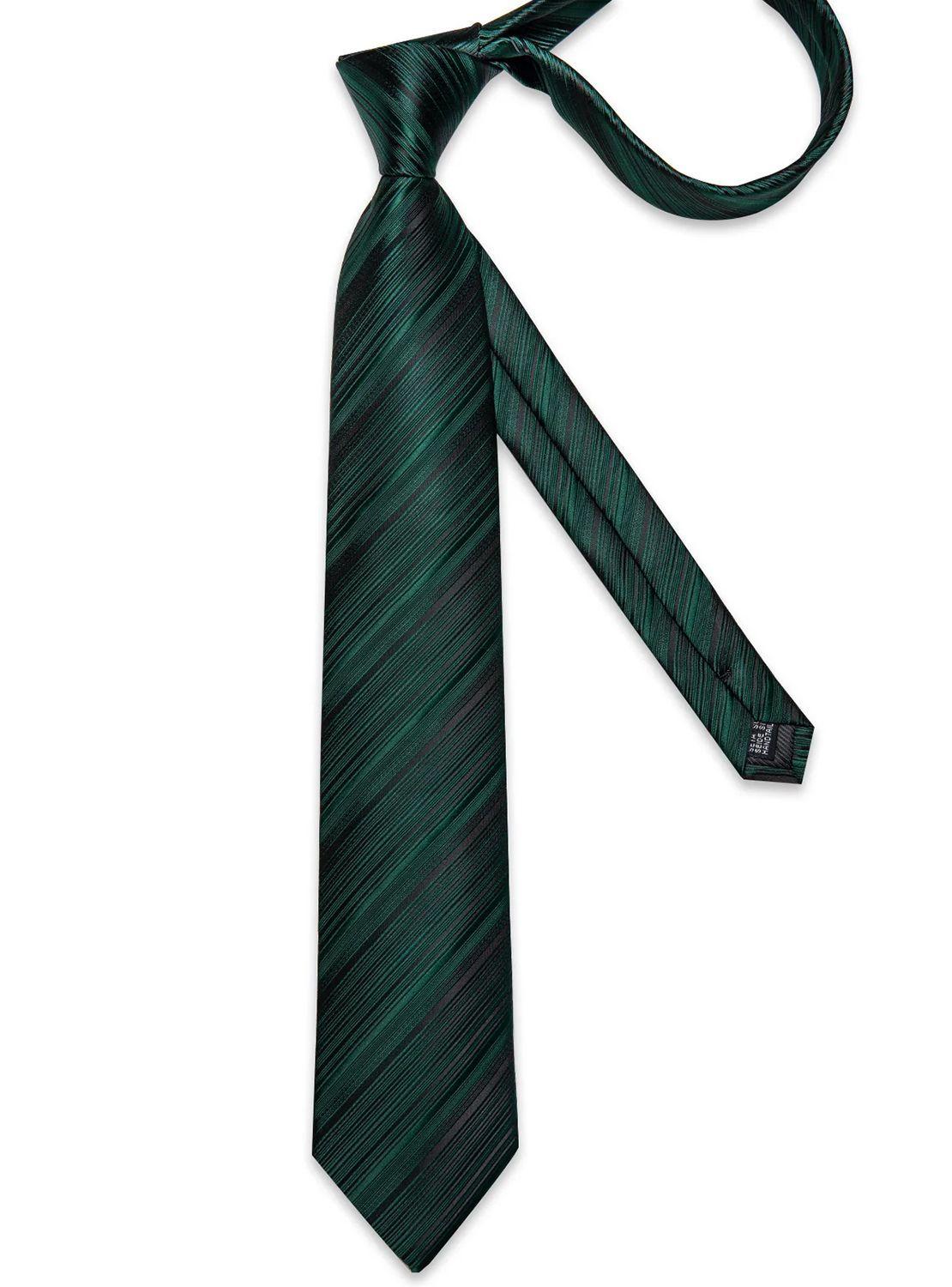 Corbata Hombre Seda + Paño + Colleras formal. Modelo Verde Oscuro Rayas-5