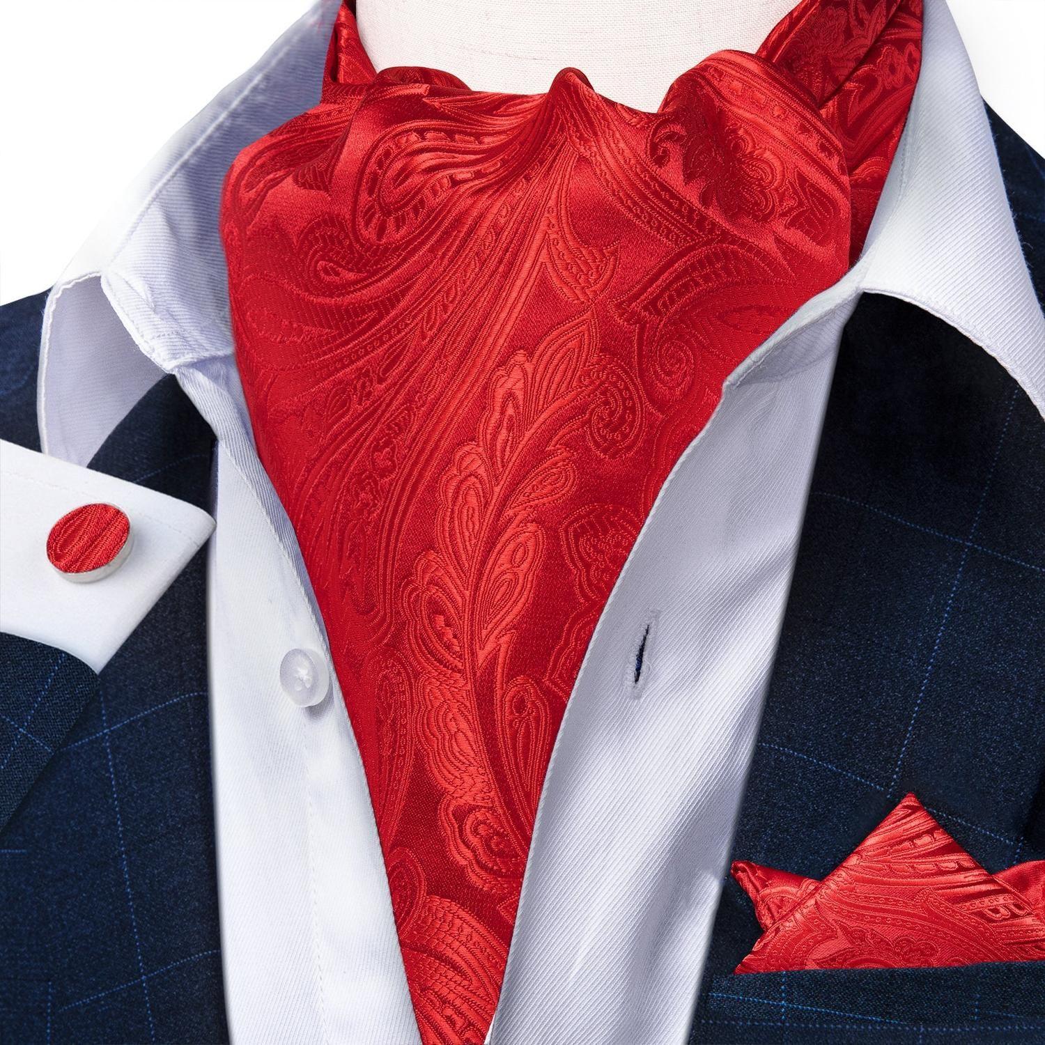 Corbata gruesa en set con paño y colleras tipo ascot hombre. Modelo Rojo Flores-0