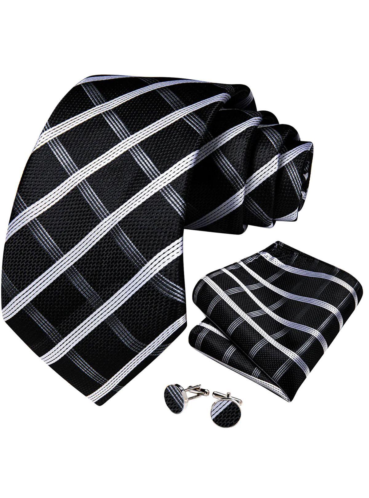 Corbata Hombre Seda + Paño + Colleras formal. Modelo Oceano Negro-0