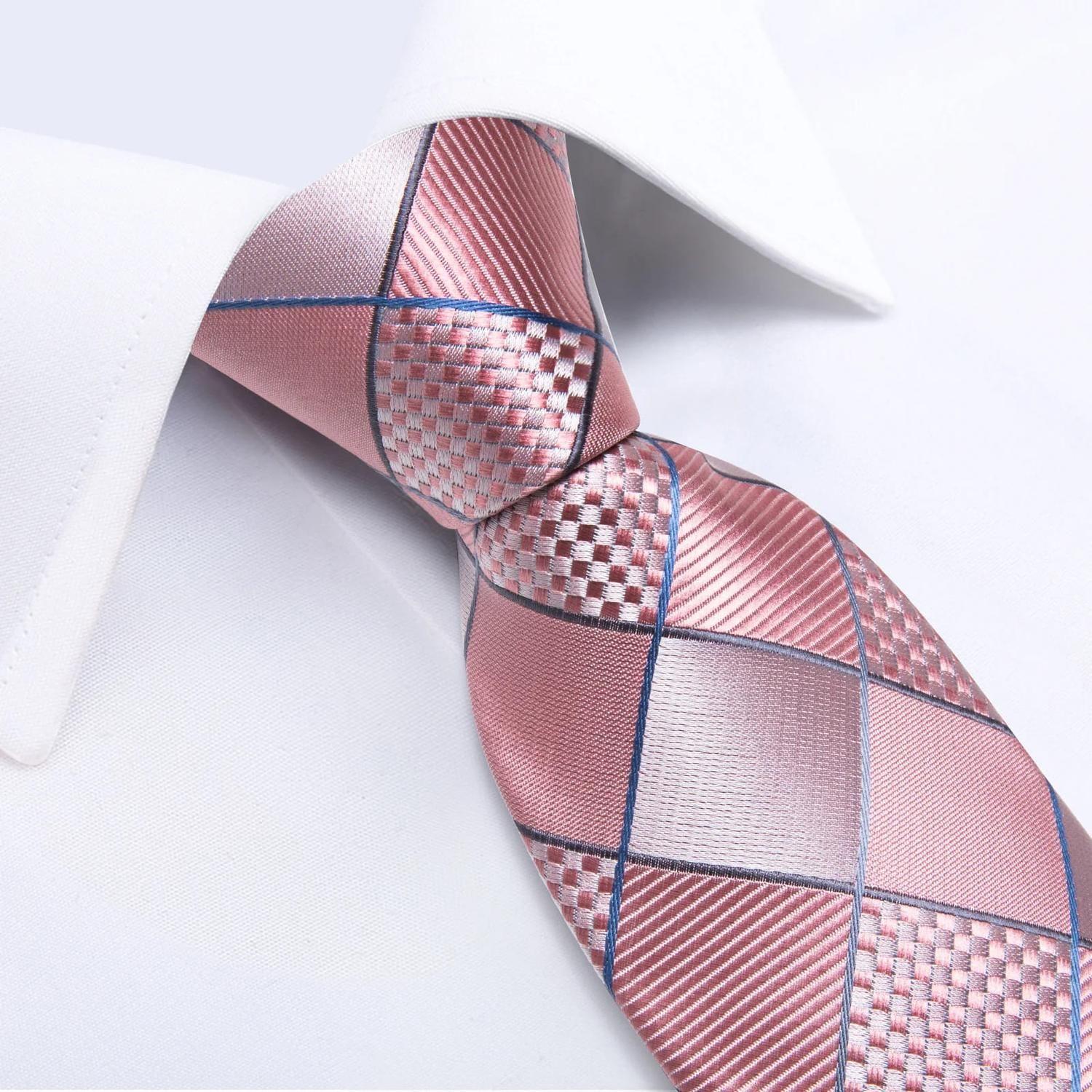 Corbata para hombre seda con pañuelo colleras Cuadros Rosa y Plateado-2