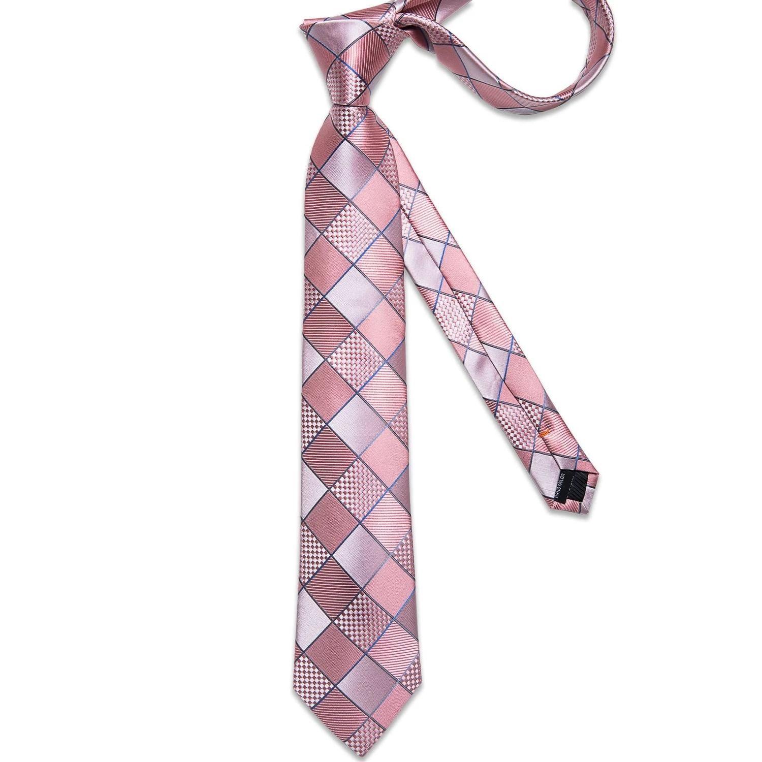 Corbata para hombre seda con pañuelo colleras Cuadros Rosa y Plateado-5